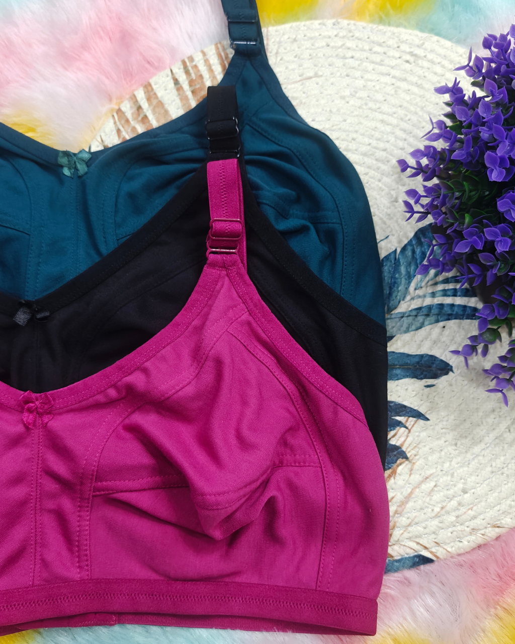 Pack of 3 Women’s Cotton Blend Seamed Bras | Non-Padded, Wire-Free | Plus Size Fit | GREEN, Black & ONIO