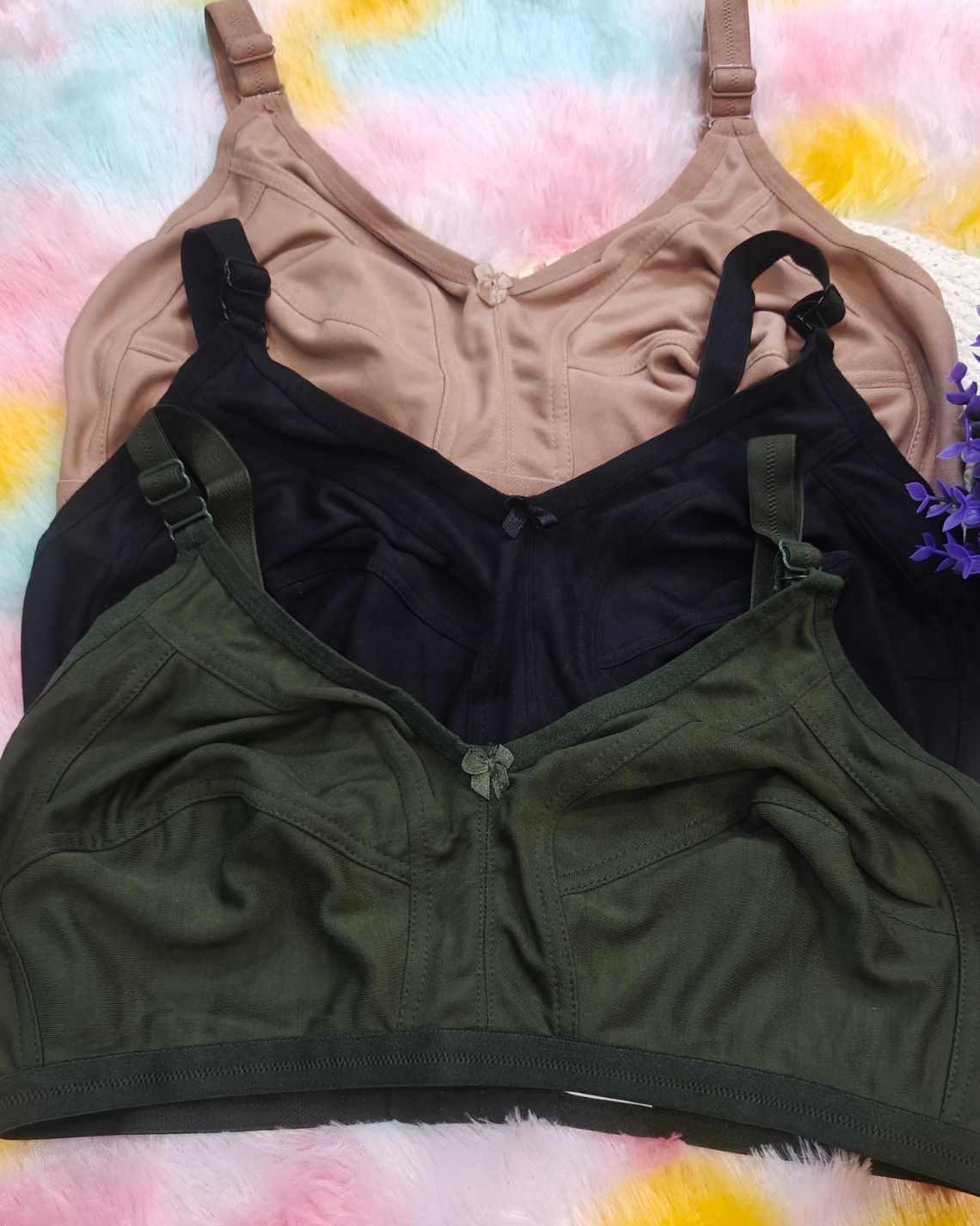 Pack of 3 Women’s Cotton Blend Seamed Bras | Non-Padded, Wire-Free | Plus Size Fit | Black, Green & Beige