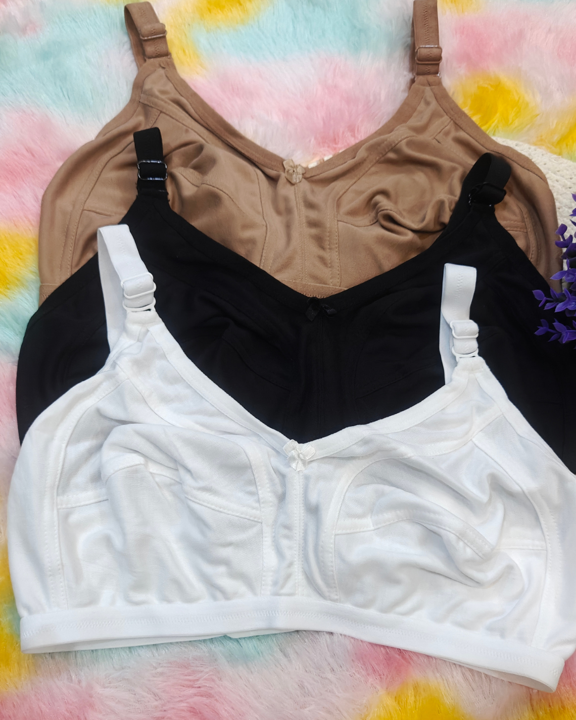 Pack of 3 Women’s Cotton Blend Seamed Bras | Non-Padded, Wire-Free | Plus Size Fit | Black, White & Beige