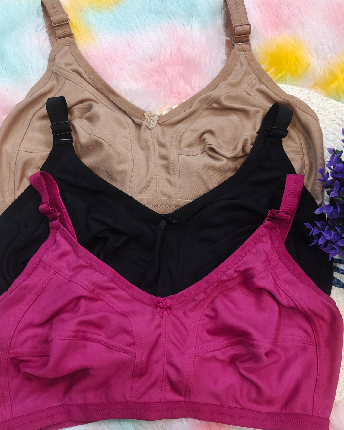 Pack of 3 Women’s Cotton Blend Seamed Bras | Non-Padded, Wire-Free | Plus Size Fit | Beige, Black & ONION