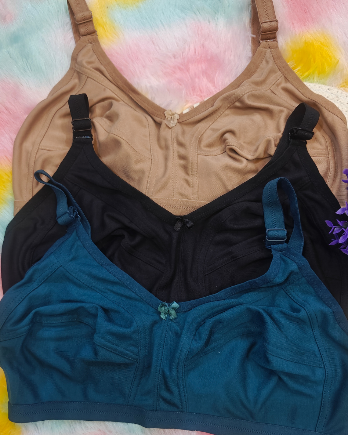 Pack of 3 Women’s Cotton Blend Seamed Bras | Non-Padded, Wire-Free | Plus Size Fit | Beige, Black & GREEN