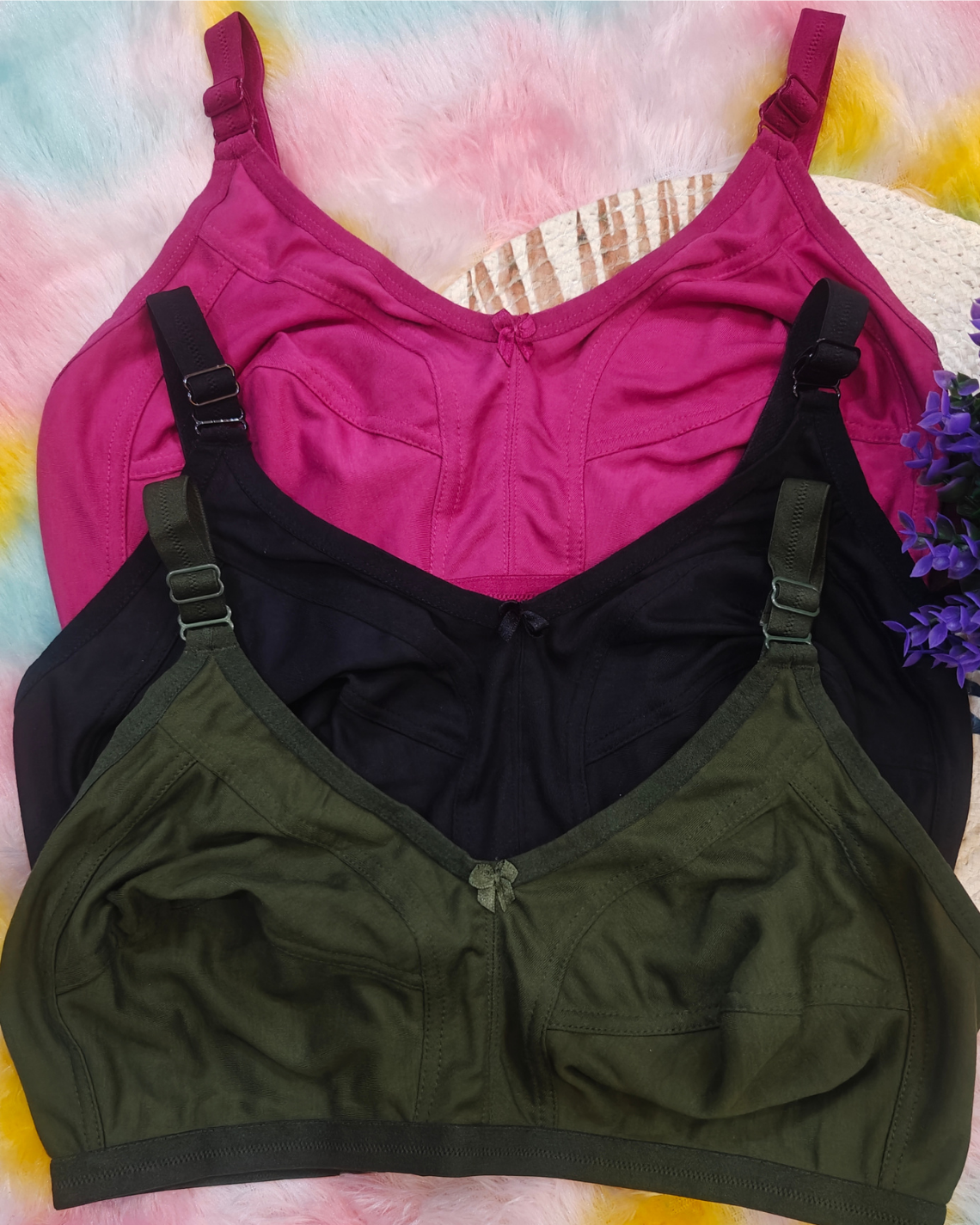 Pack of 3 Women’s Cotton Blend Seamed Bras | Non-Padded, Wire-Free | Plus Size Fit | ONION, Black & MEHNDI