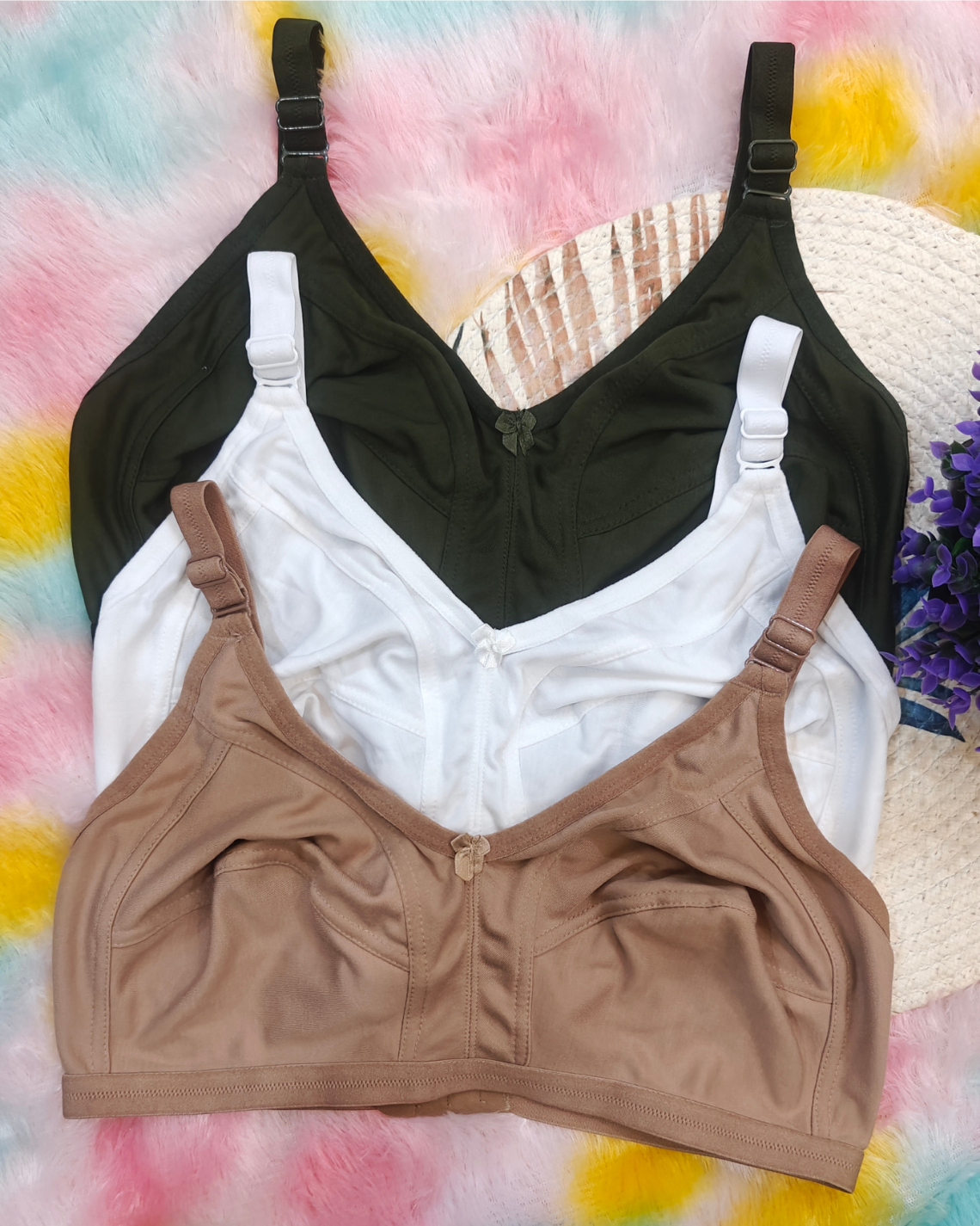 Pack of 3 Women’s Cotton Blend Seamed Bras | Non-Padded, Wire-Free | Plus Size Fit | Beige, Green & White