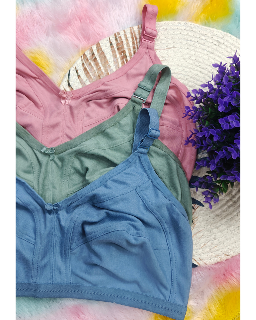 Pack of 3 Women’s Cotton Blend Seamed Bras | Non-Padded, Wire-Free | Plus Size Fit | ENGLISH COLOR