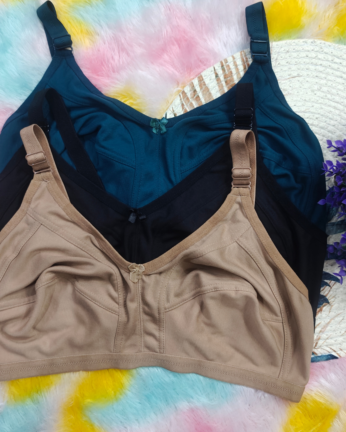 Pack of 3 Women’s Cotton Blend Seamed Bras | Non-Padded, Wire-Free | Plus Size Fit | Black, GREEN & Beige