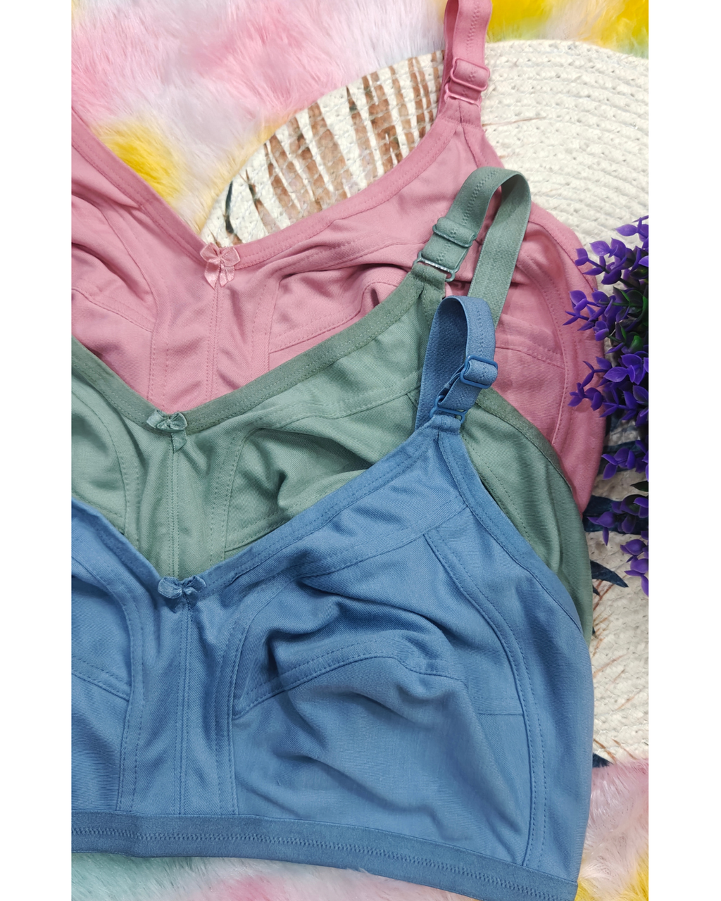 Pack of 3 Women’s Cotton Blend Seamed Bras | Non-Padded, Wire-Free | Plus Size Fit | ENGLISH COLOR