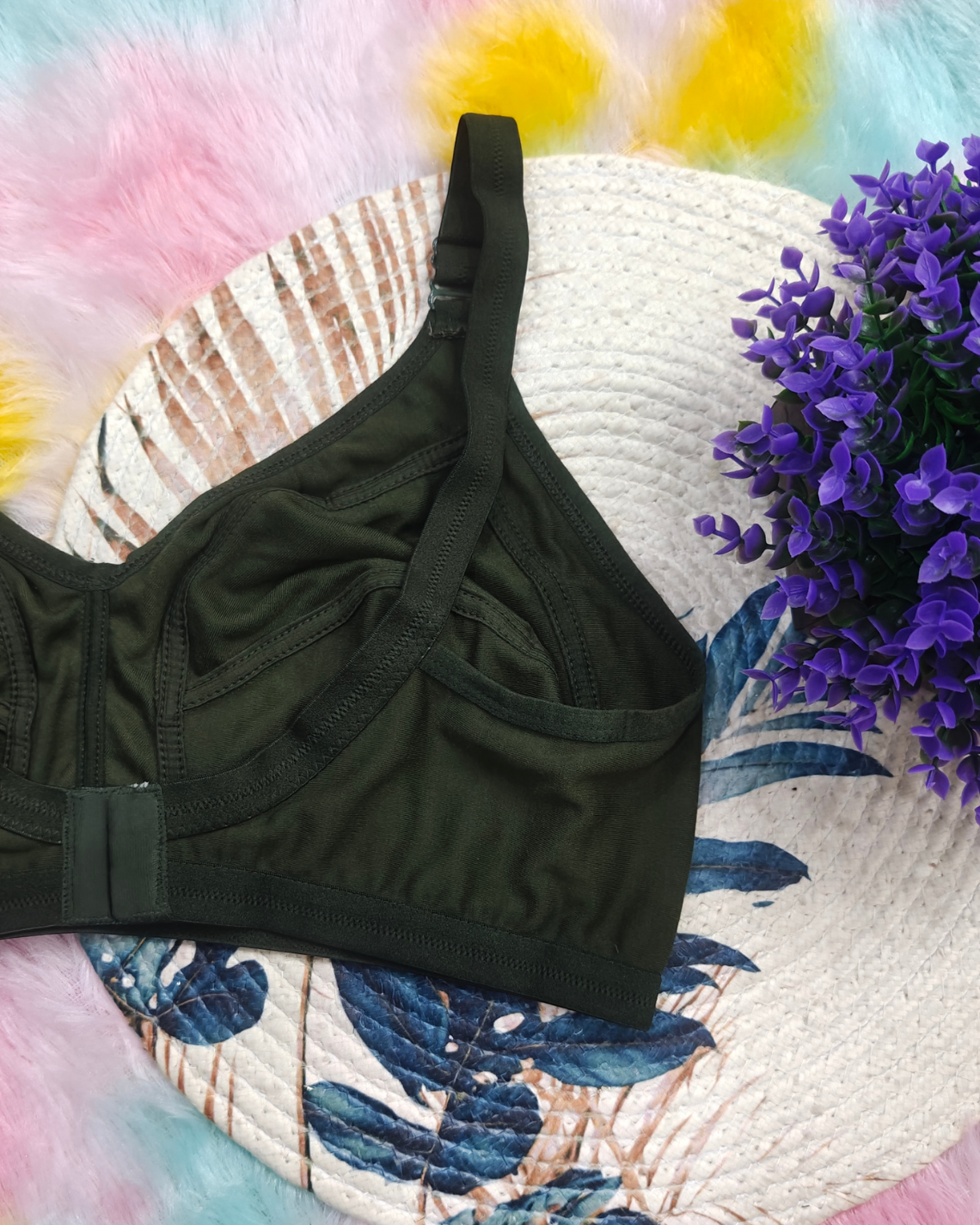 Pack of 3 Women’s Cotton Blend Seamed Bras | Non-Padded, Wire-Free | Plus Size Fit | Black, Green & Beige