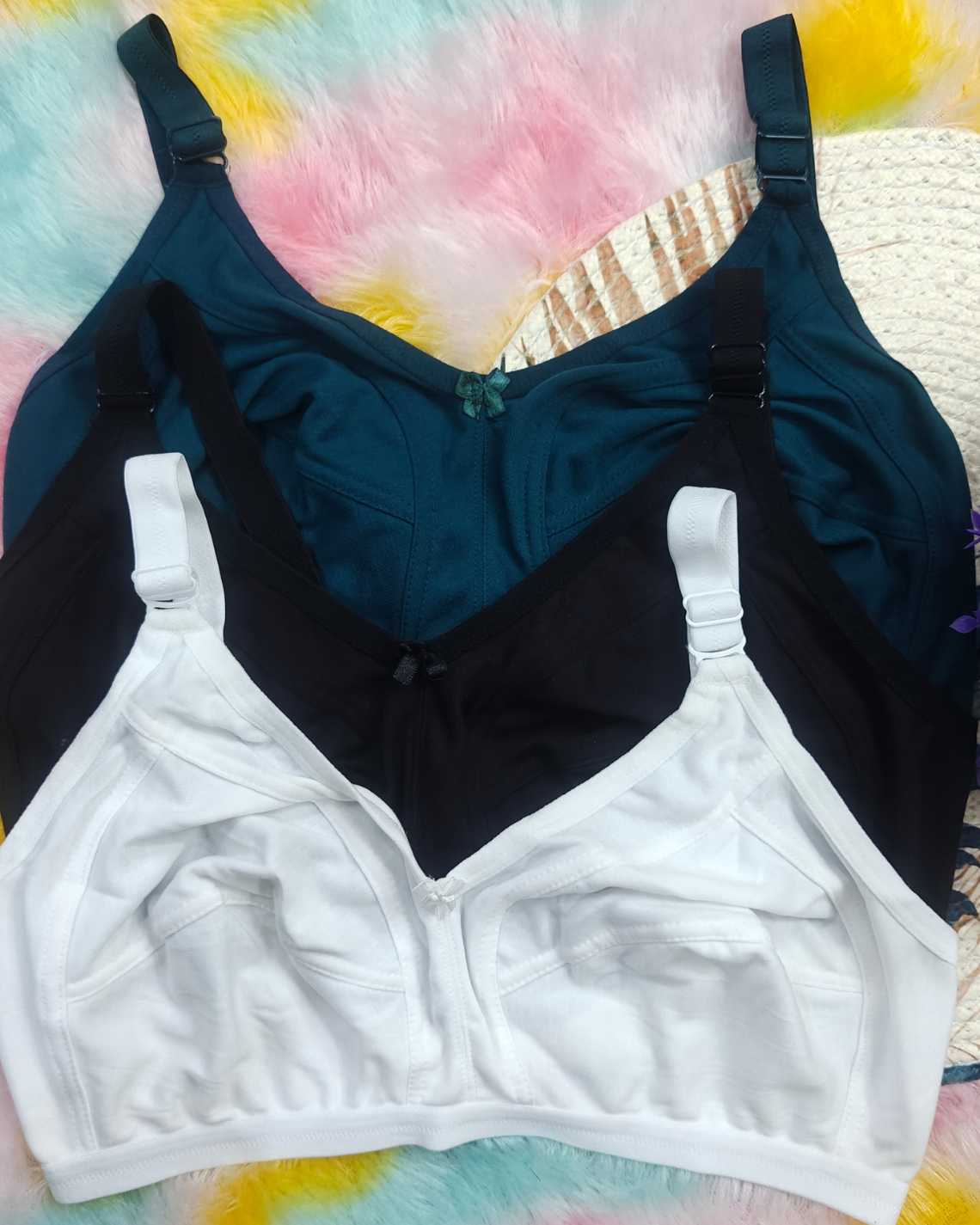 Pack of 3 Women’s Cotton Blend Seamed Bras | Non-Padded, Wire-Free | Plus Size Fit | Black, White & GREEN