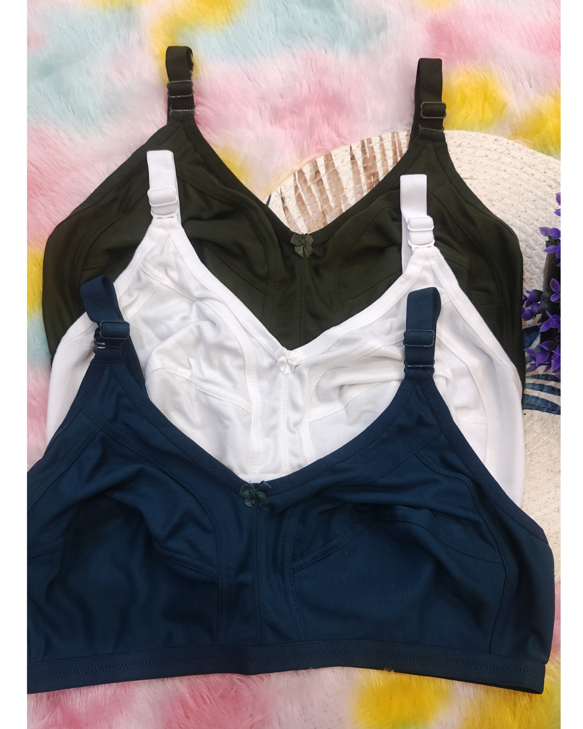 Pack of 3 Women’s Cotton Blend Seamed Bras | Non-Padded, Wire-Free | Plus Size Fit | MEHNDI,GREEN & WHITE