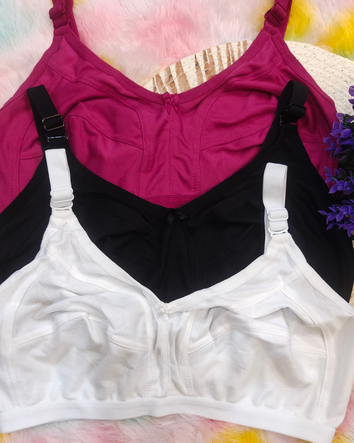 Pack of 3 Women’s Cotton Blend Seamed Bras | Non-Padded, Wire-Free | Plus Size Fit | Black, White & ONION