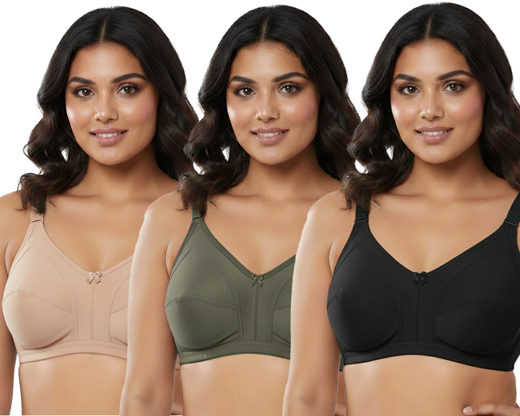 Pack Of 3 / Women's Seamed Regular Cotton Blend Solid Non Padded Soft Strap Plus Size Bra