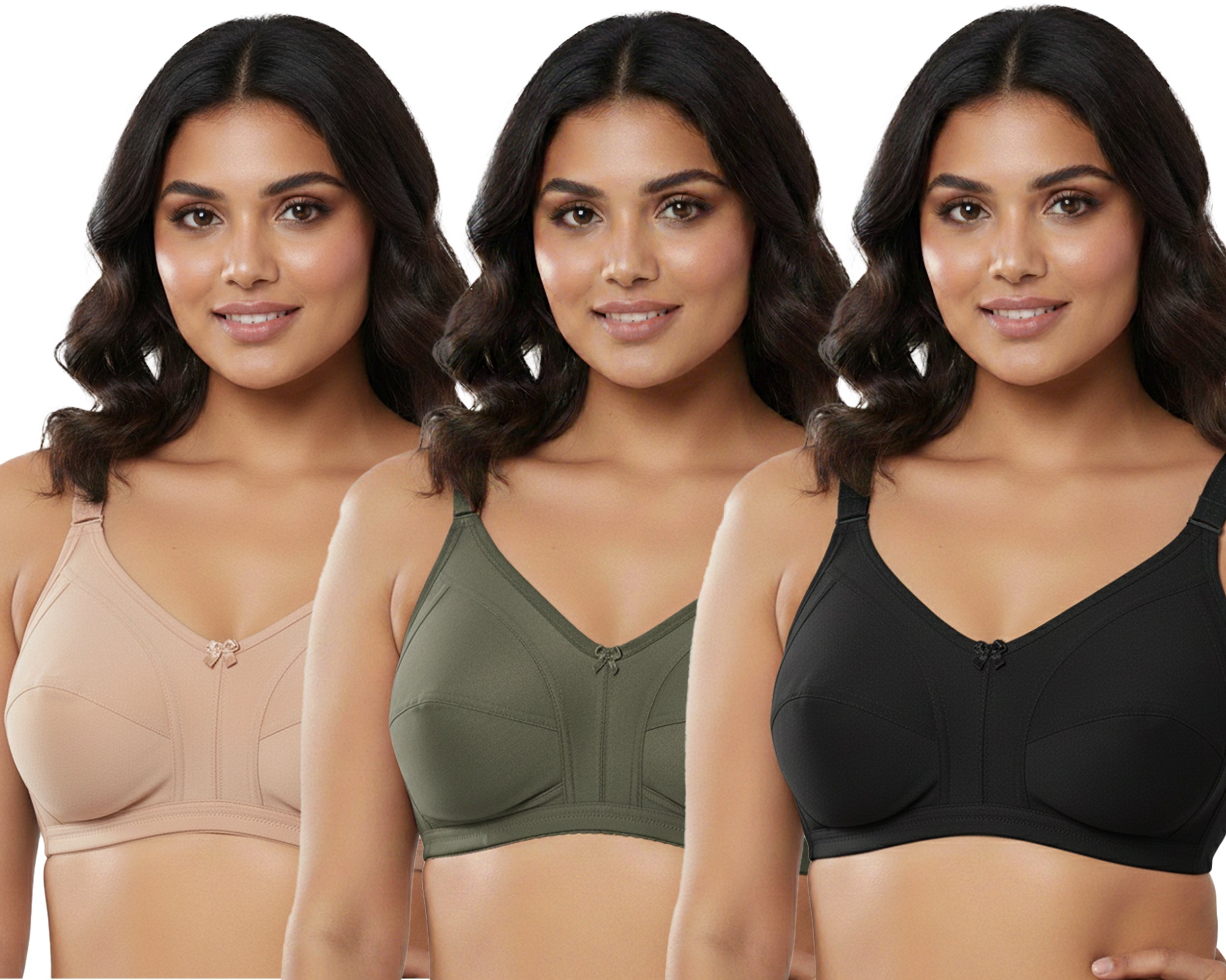 Pack Of 3 / Women's Seamed Regular Cotton Blend Solid Non Padded Soft Strap Plus Size Bra