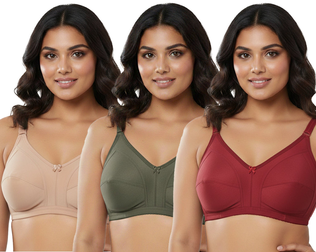 Pack Of 3 / Women's Seamed Regular Cotton Blend Solid Non Padded Soft Strap Plus Size Bra