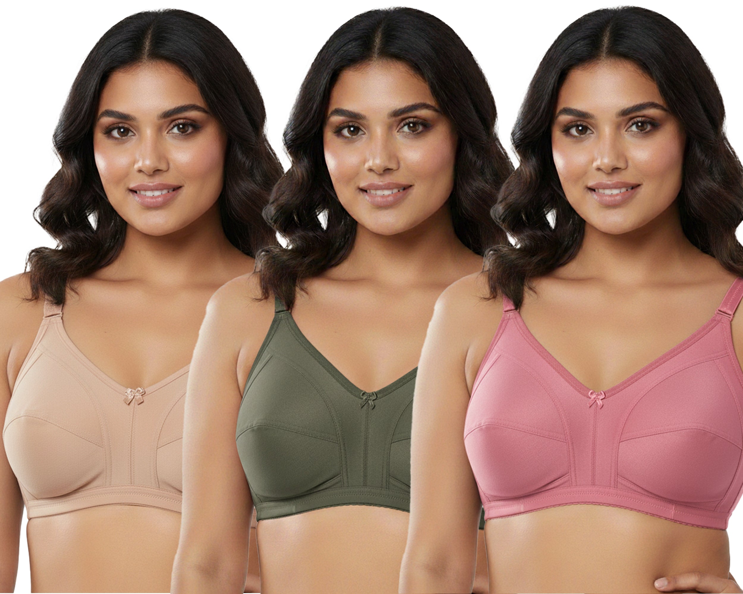 Pack Of 3 / Women's Seamed Regular Cotton Blend Solid Non Padded Soft Strap Plus Size Bra