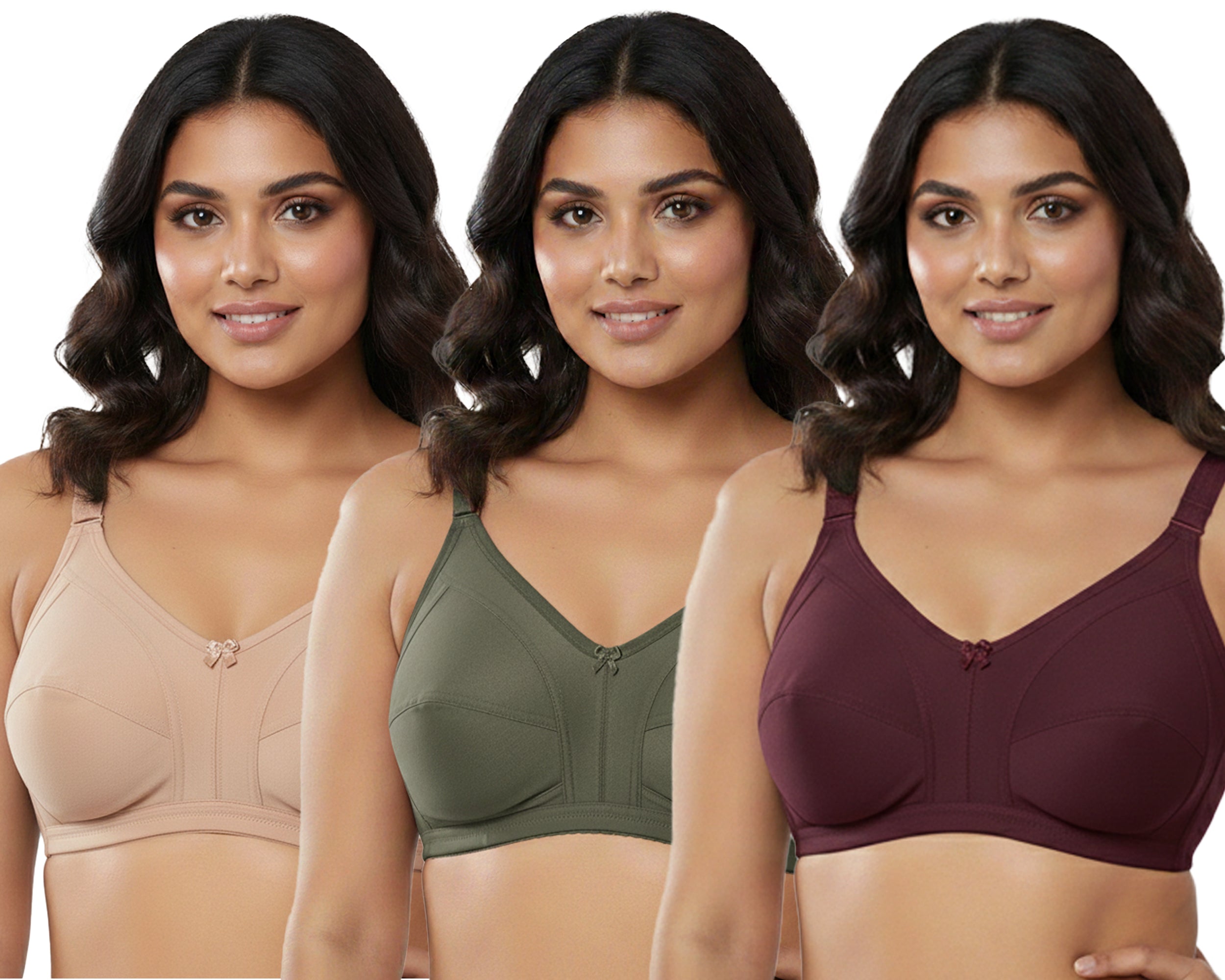 Pack Of 3 / Women's Seamed Regular Cotton Blend Solid Non Padded Soft Strap Plus Size Bra