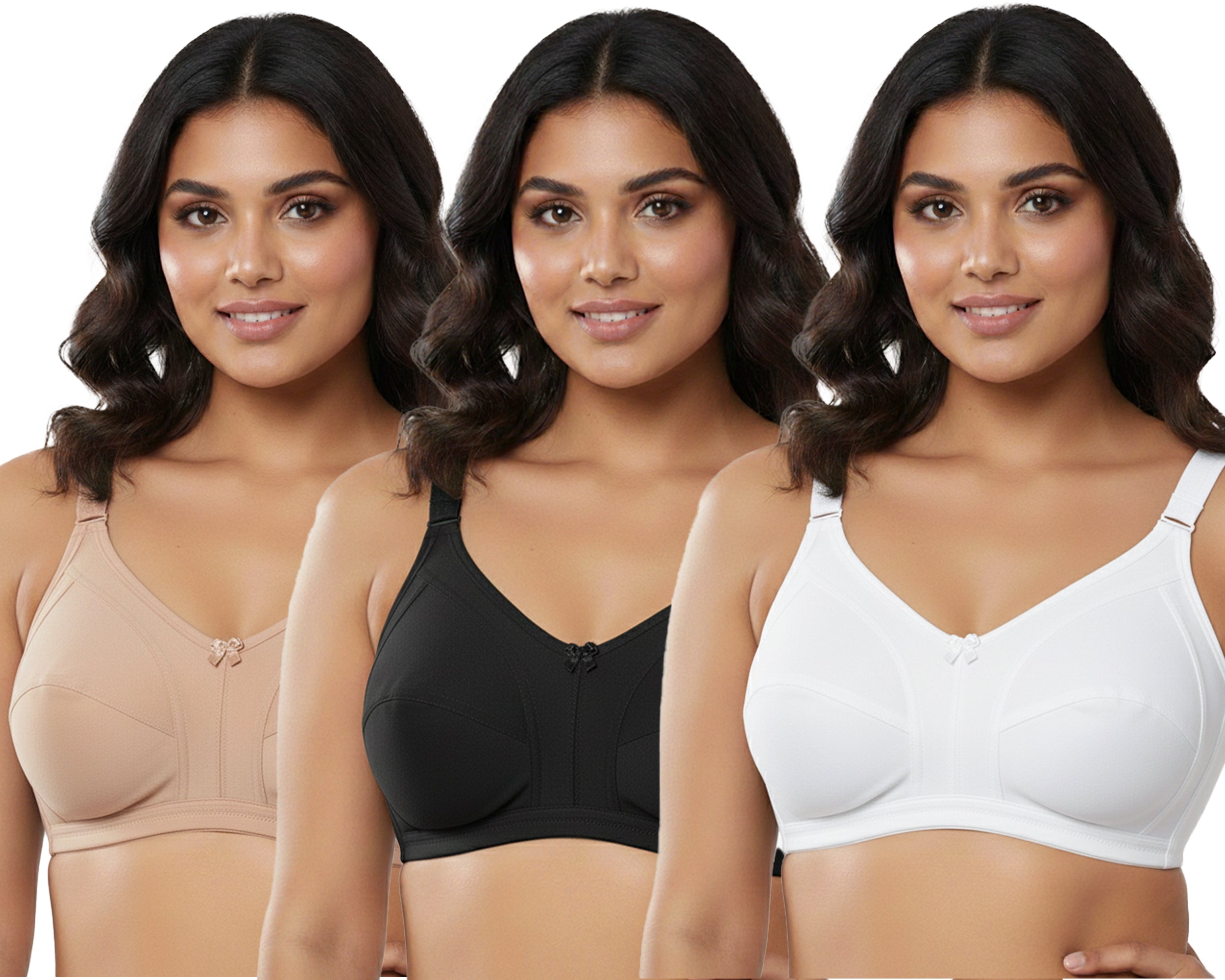 Pack Of 3 / Women's Seamed Regular Cotton Blend Solid Non Padded Soft Strap Plus Size Bra