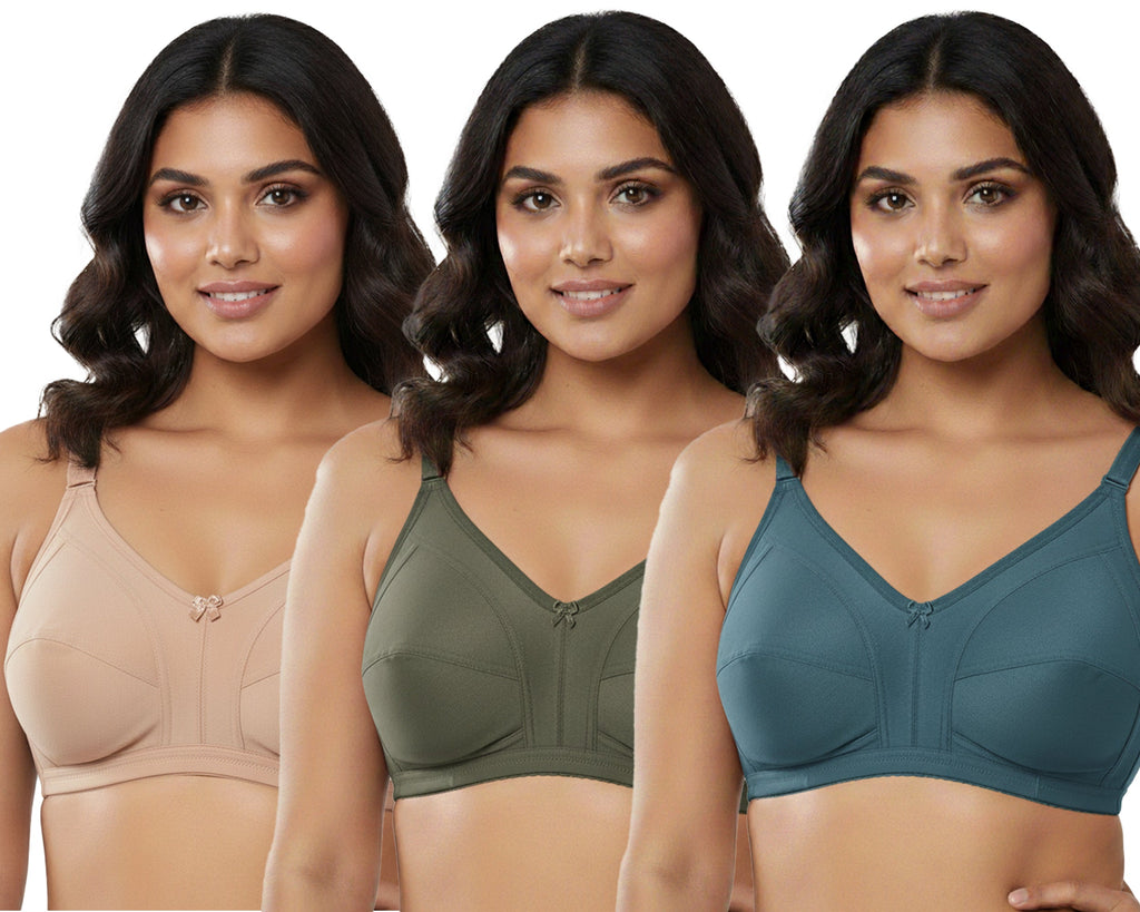 Pack Of 3 / Women's Seamed Regular Cotton Blend Solid Non Padded Soft Strap Plus Size Bra