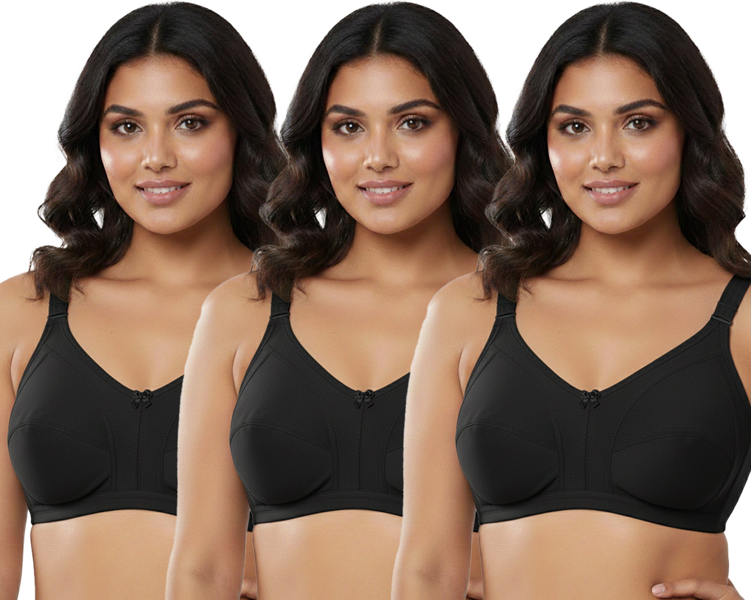 Pack Of 3 / Women's Seamed Regular Cotton Blend Solid Non Padded Soft Strap Plus Size Bra