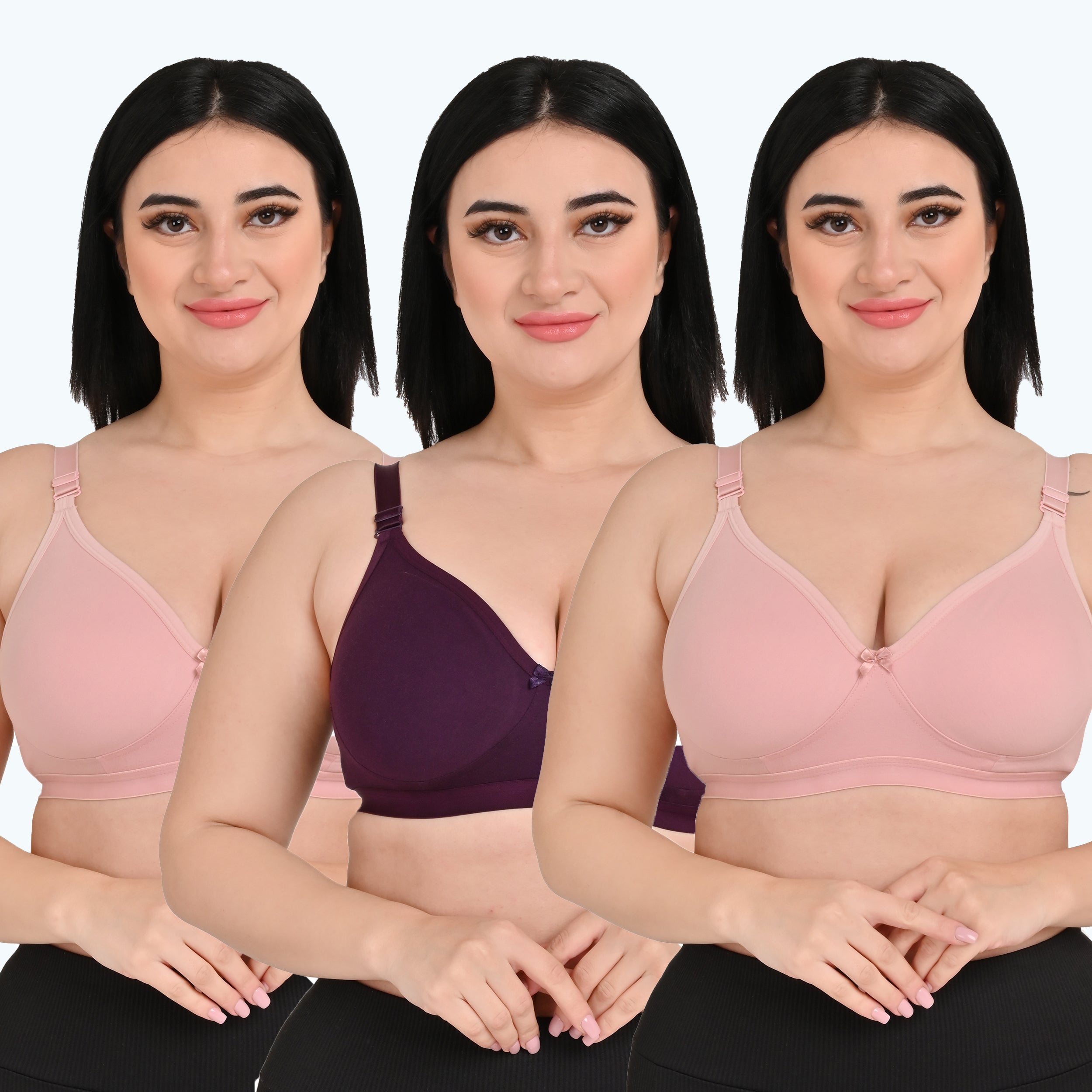 Pack Of 3 / Women's Seamless Regular Cotton Blend Solid Non Padded Soft Strap Plus Size Bra