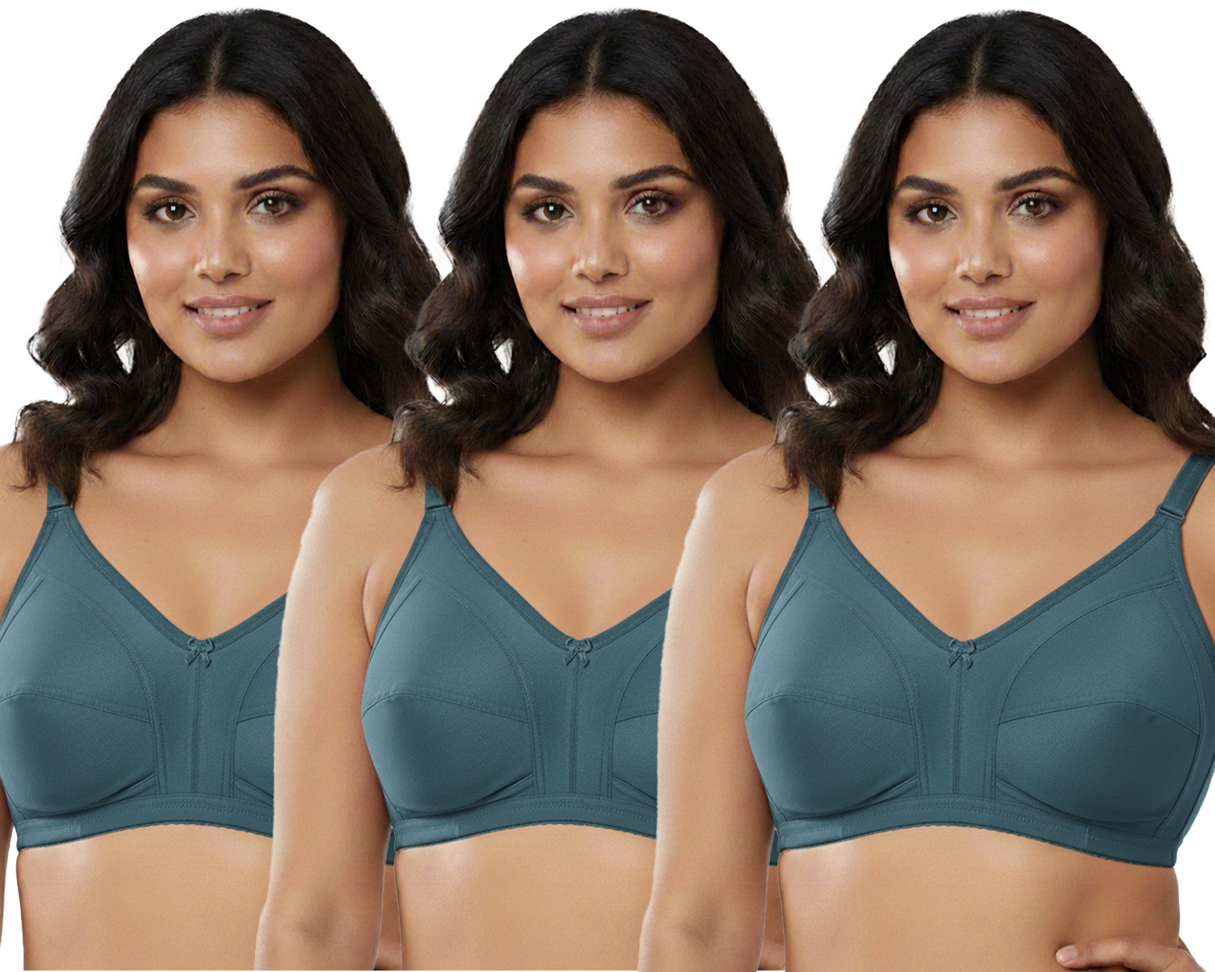 Pack Of 3 / Women's Seamed Regular Cotton Blend Solid Non Padded Soft Strap Plus Size Bra