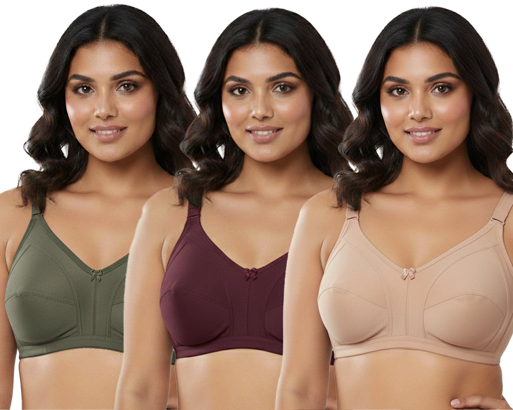 Pack Of 3 / Women's Seamed Regular Cotton Blend Solid Non Padded Soft Strap Plus Size Bra
