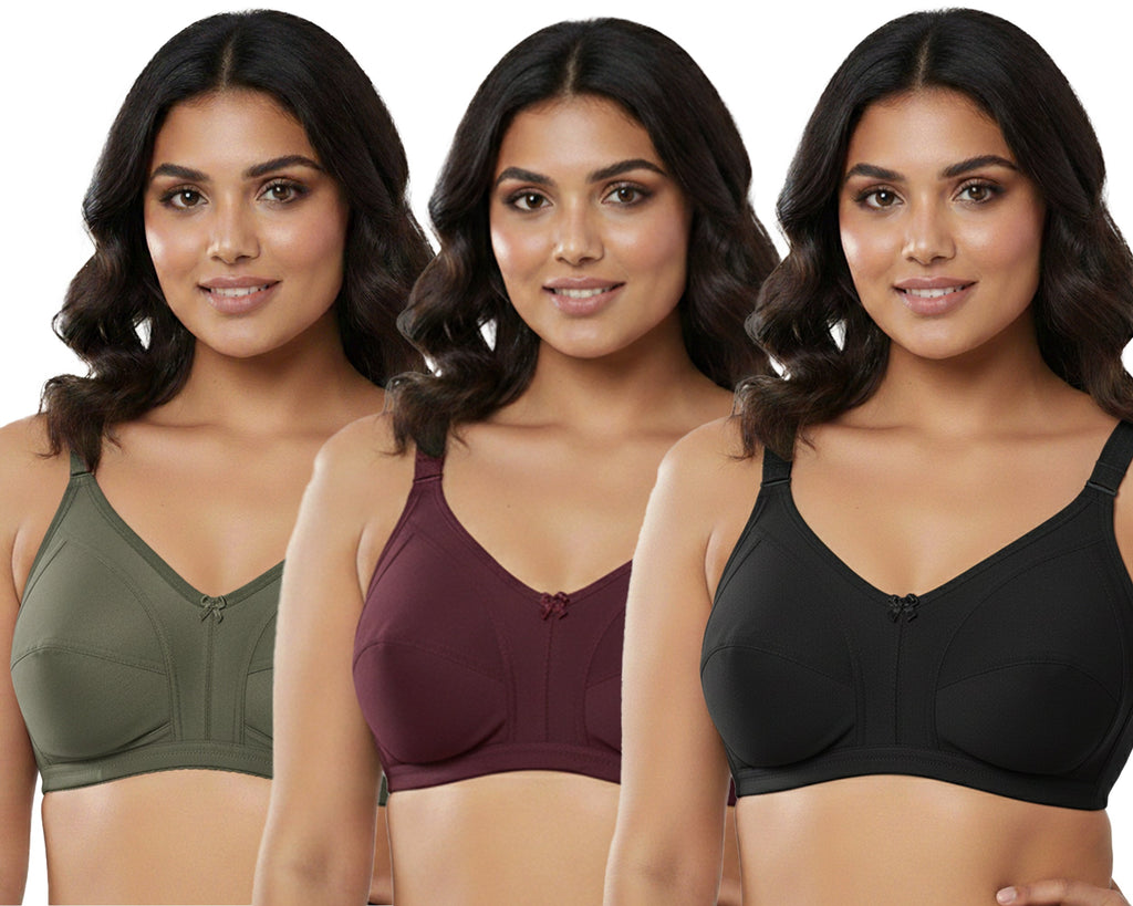 Pack Of 3 / Women's Seamed Regular Cotton Blend Solid Non Padded Soft Strap Plus Size Bra