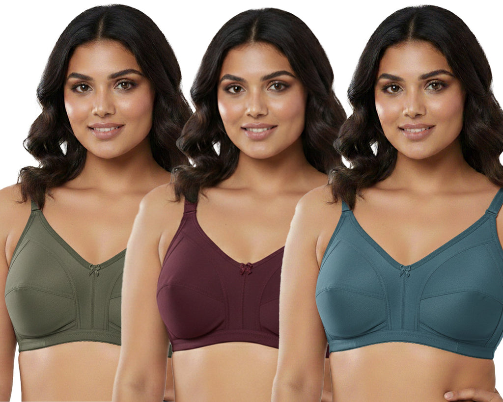 Pack Of 3 / Women's Seamed Regular Cotton Blend Solid Non Padded Soft Strap Plus Size Bra