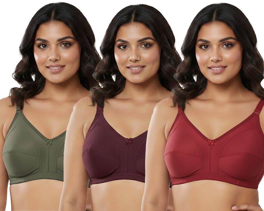 Pack Of 3 / Women's Seamed Regular Cotton Blend Solid Non Padded Soft Strap Plus Size Bra