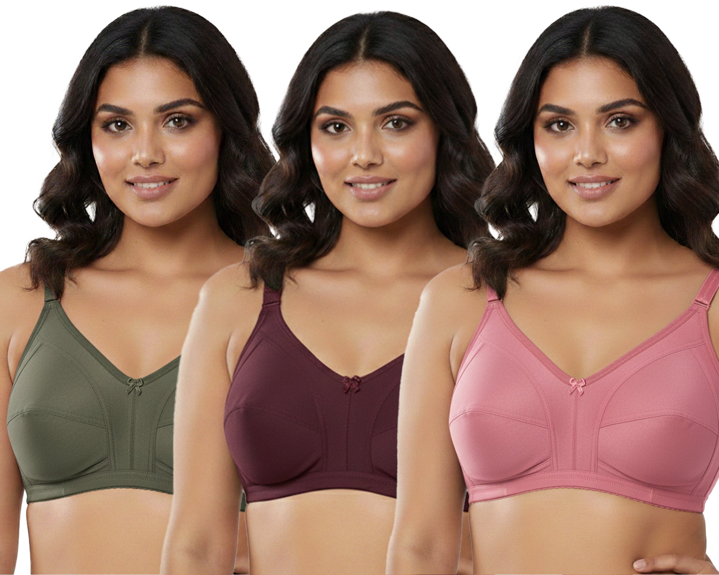 Pack Of 3 / Women's Seamed Regular Cotton Blend Solid Non Padded Soft Strap Plus Size Bra