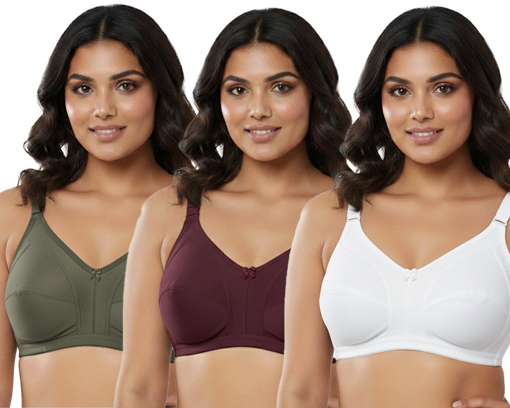 Pack Of 3 / Women's Seamed Regular Cotton Blend Solid Non Padded Soft Strap Plus Size Bra