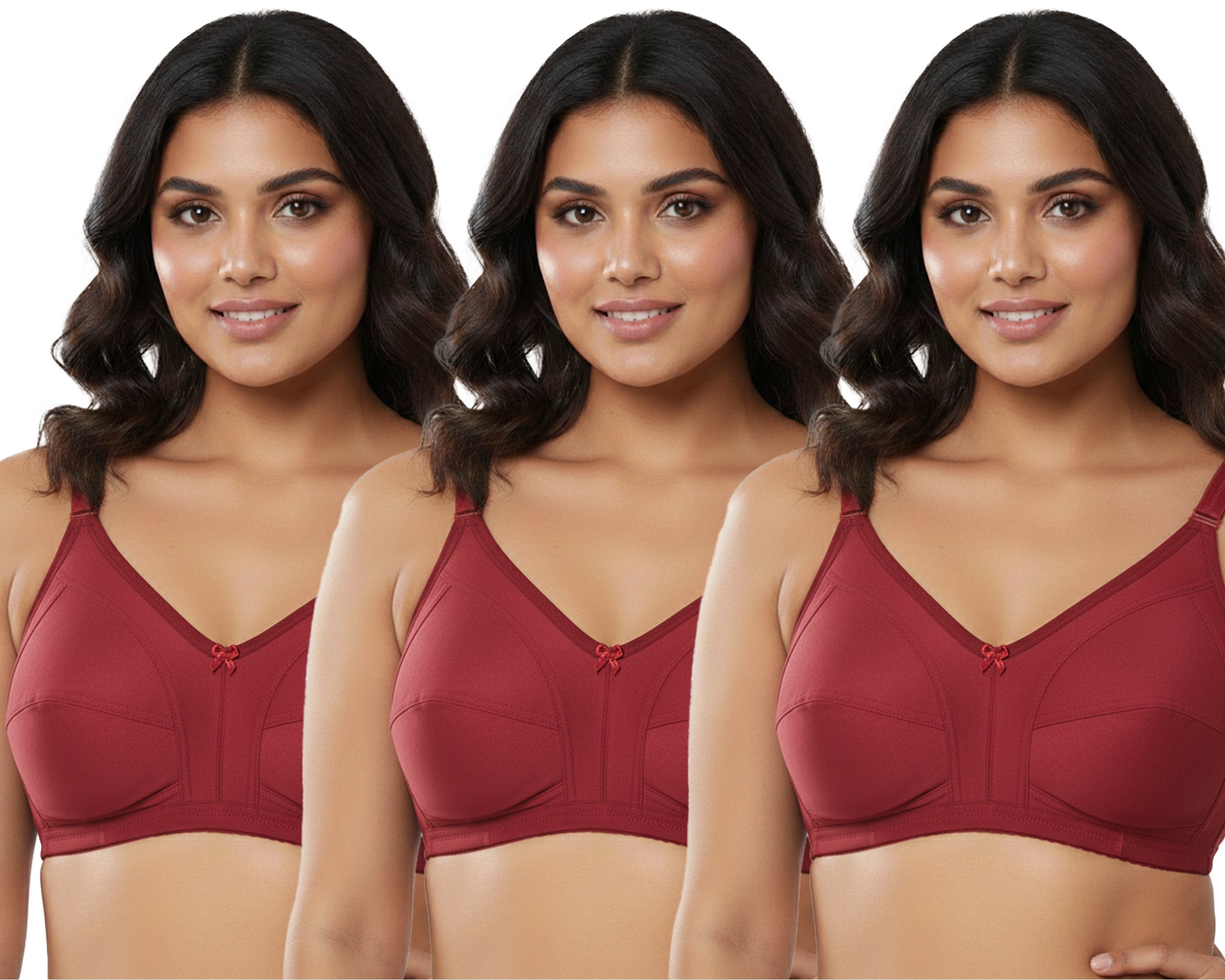 Pack Of 3 / Women's Seamed Regular Cotton Blend Solid Non Padded Soft Strap Plus Size Bra