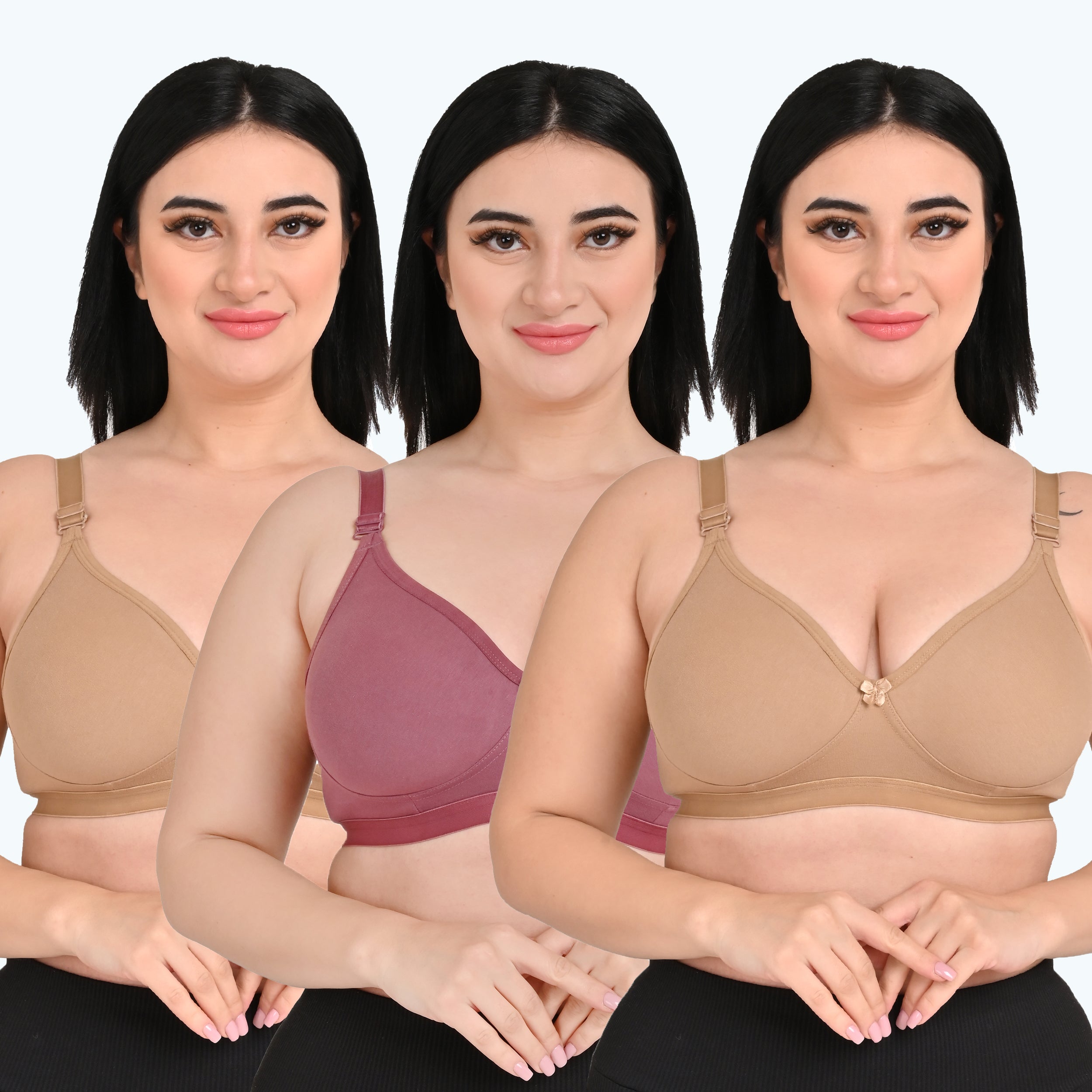 Pack Of 3 / Women's Seamless Regular Cotton Blend Solid Non Padded Soft Strap Plus Size Bra