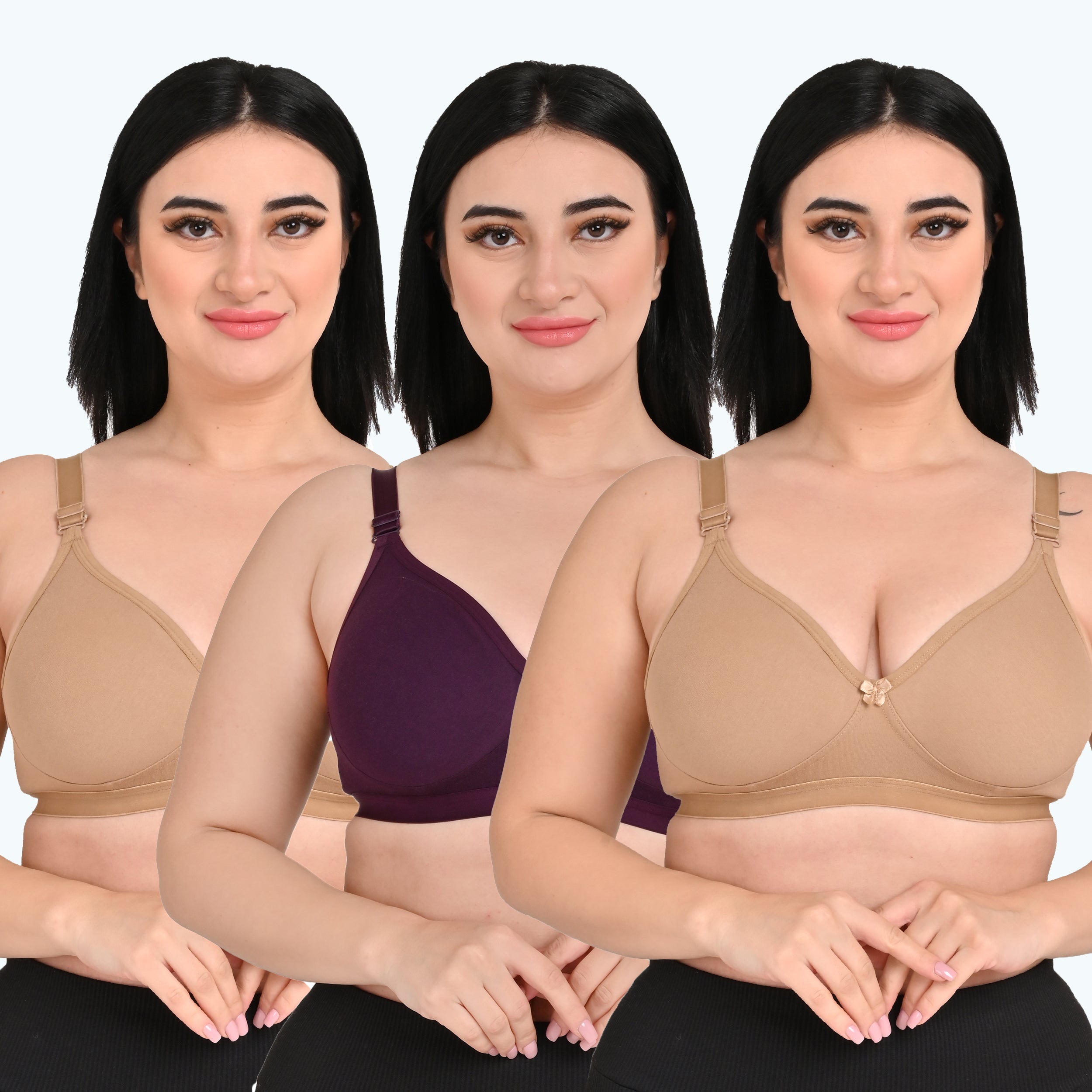 Pack Of 3 / Women's Seamless Regular Cotton Blend Solid Non Padded Soft Strap Plus Size Bra