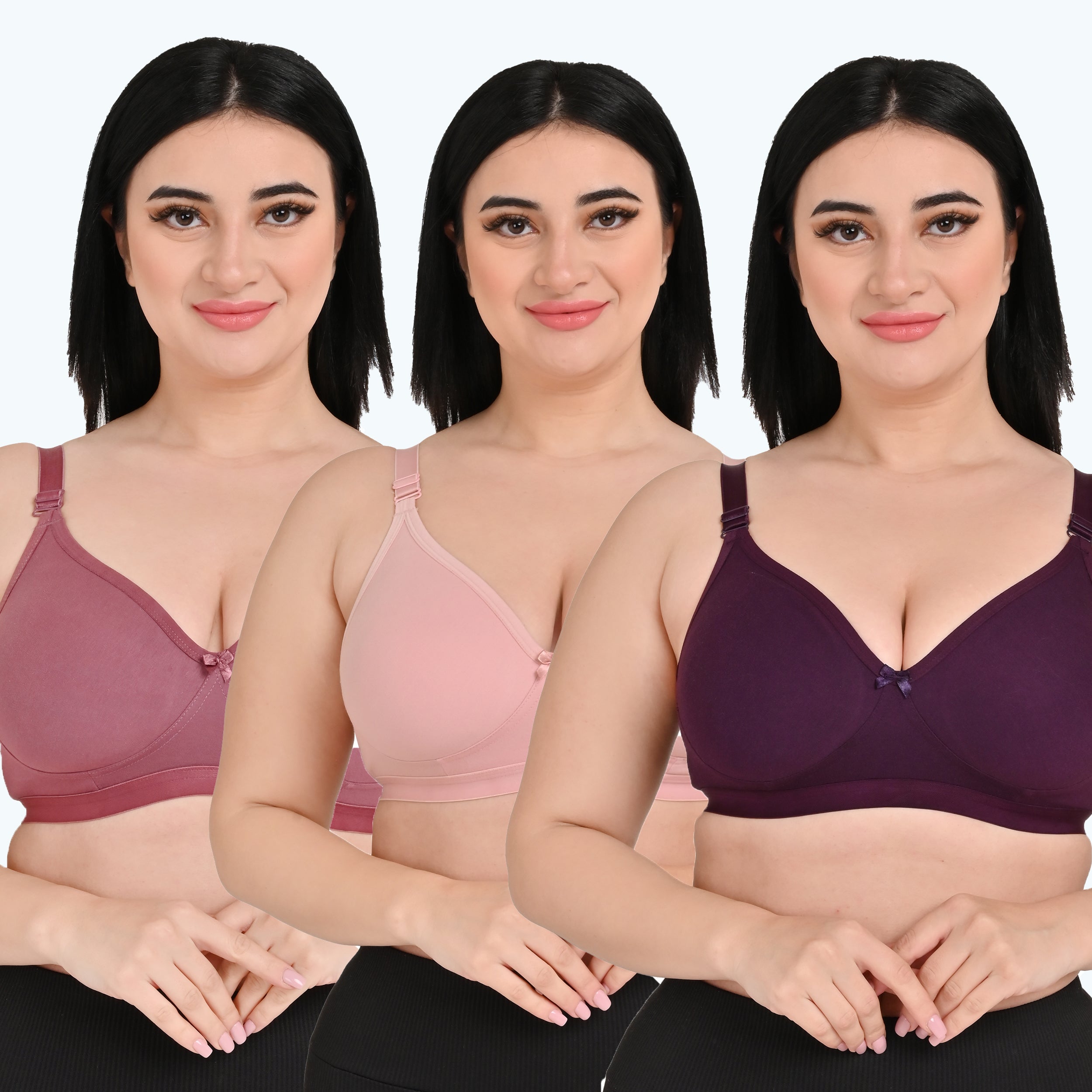 Pack Of 3 / Women's Seamless Regular Cotton Blend Solid Non Padded Soft Strap Plus Size Bra