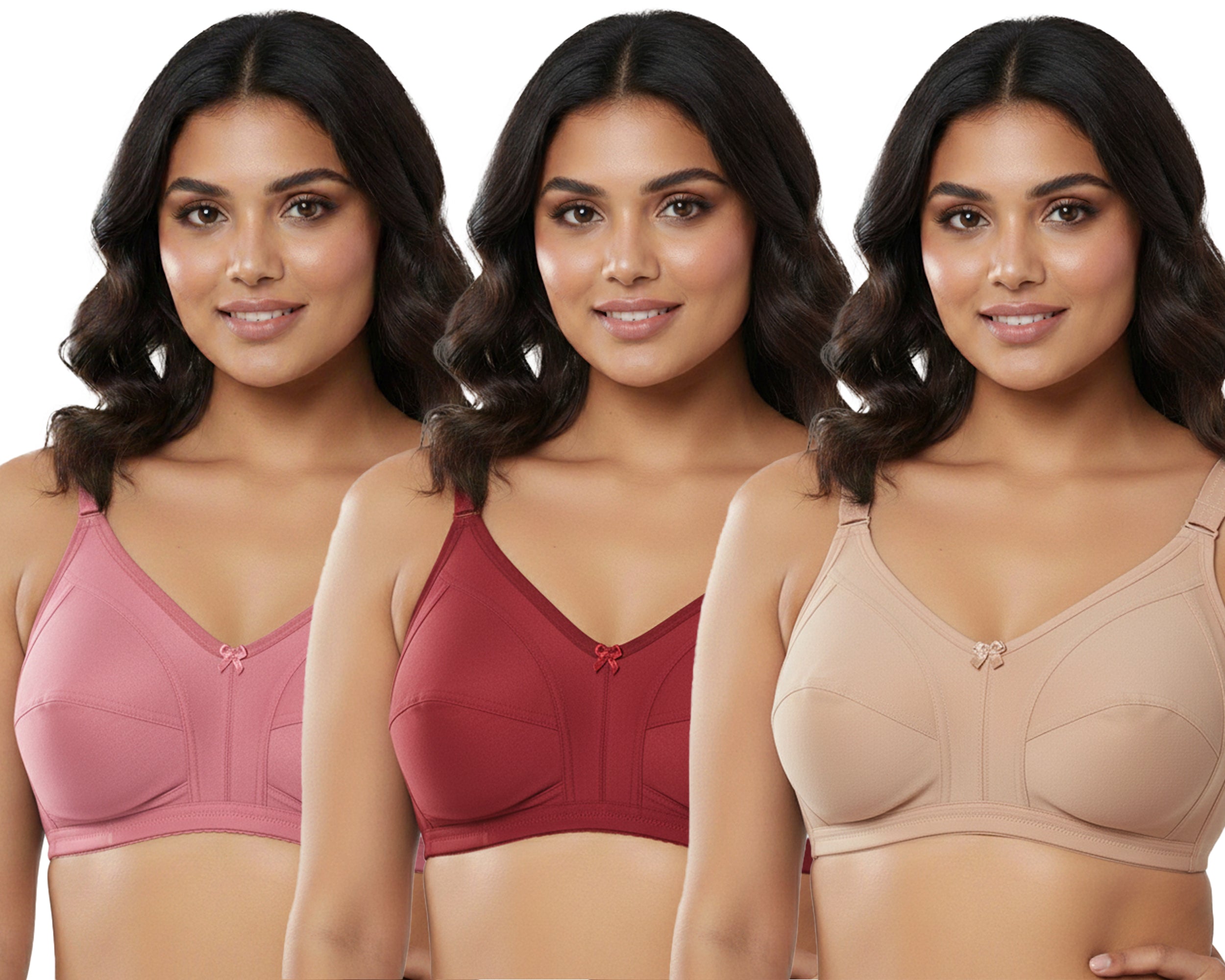Pack Of 3 / Women's Seamed Regular Cotton Blend Solid Non Padded Soft Strap Plus Size Bra