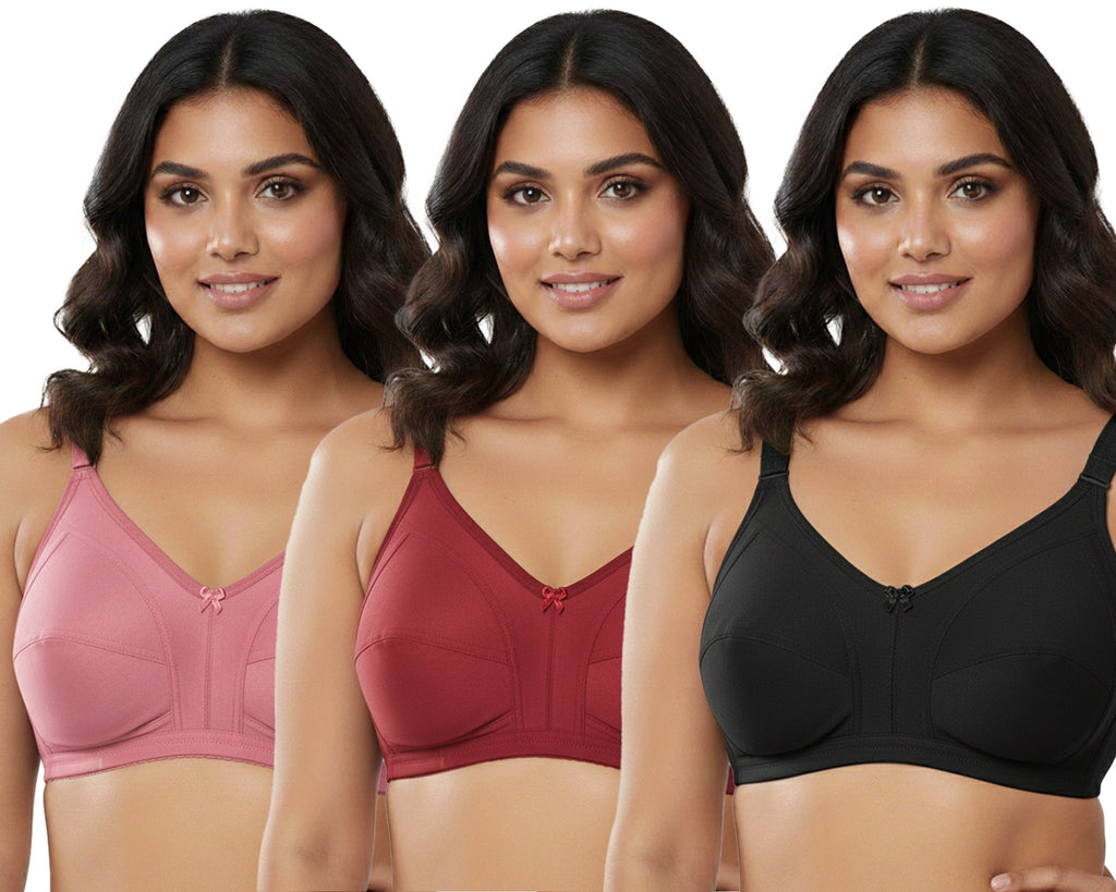 Pack Of 3 / Women's Seamed Regular Cotton Blend Solid Non Padded Soft Strap Plus Size Bra