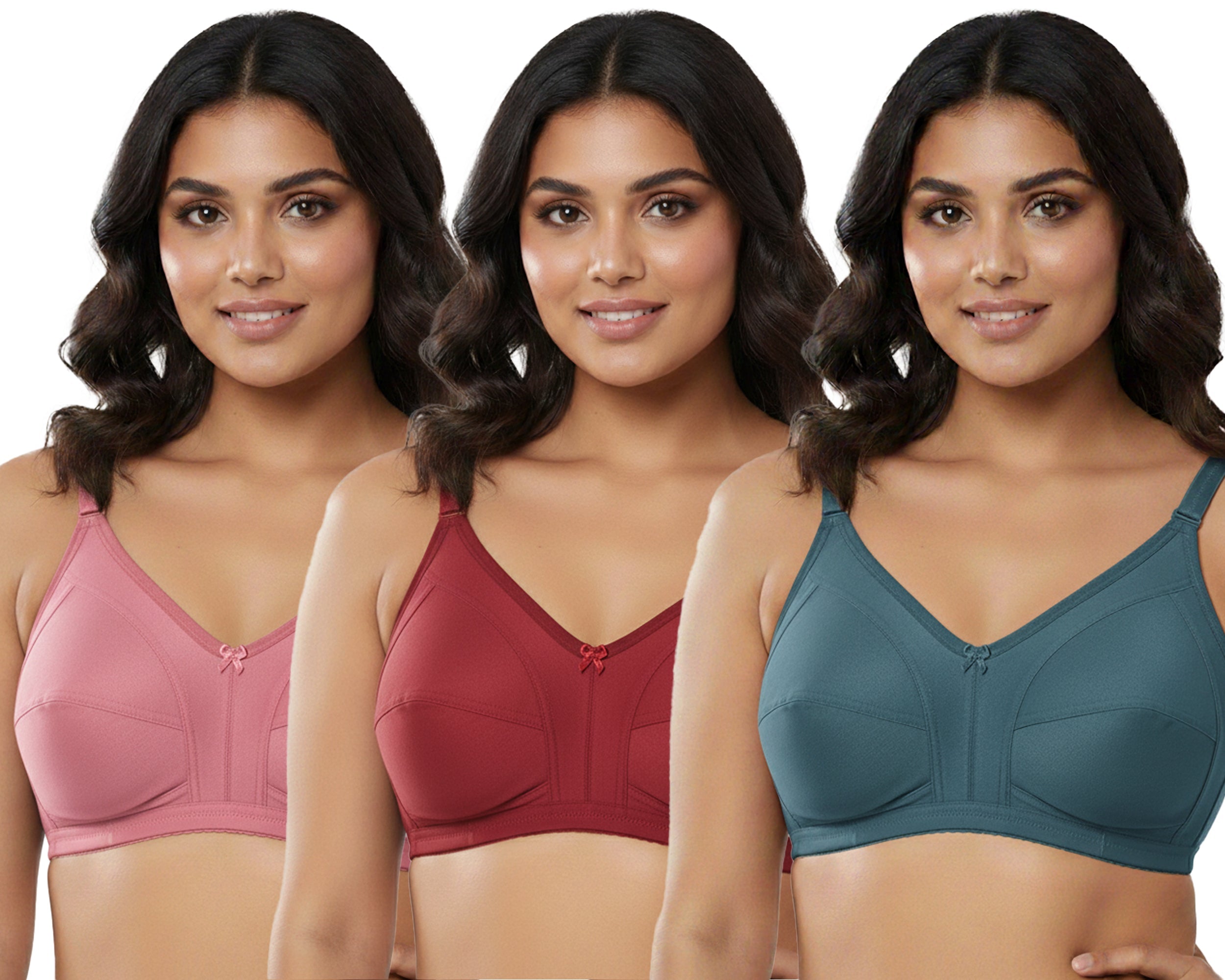 Pack Of 3 / Women's Seamed Regular Cotton Blend Solid Non Padded Soft Strap Plus Size Bra