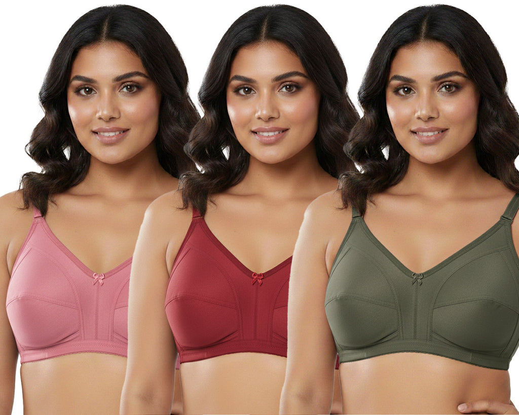 Pack Of 3 / Women's Seamed Regular Cotton Blend Solid Non Padded Soft Strap Plus Size Bra