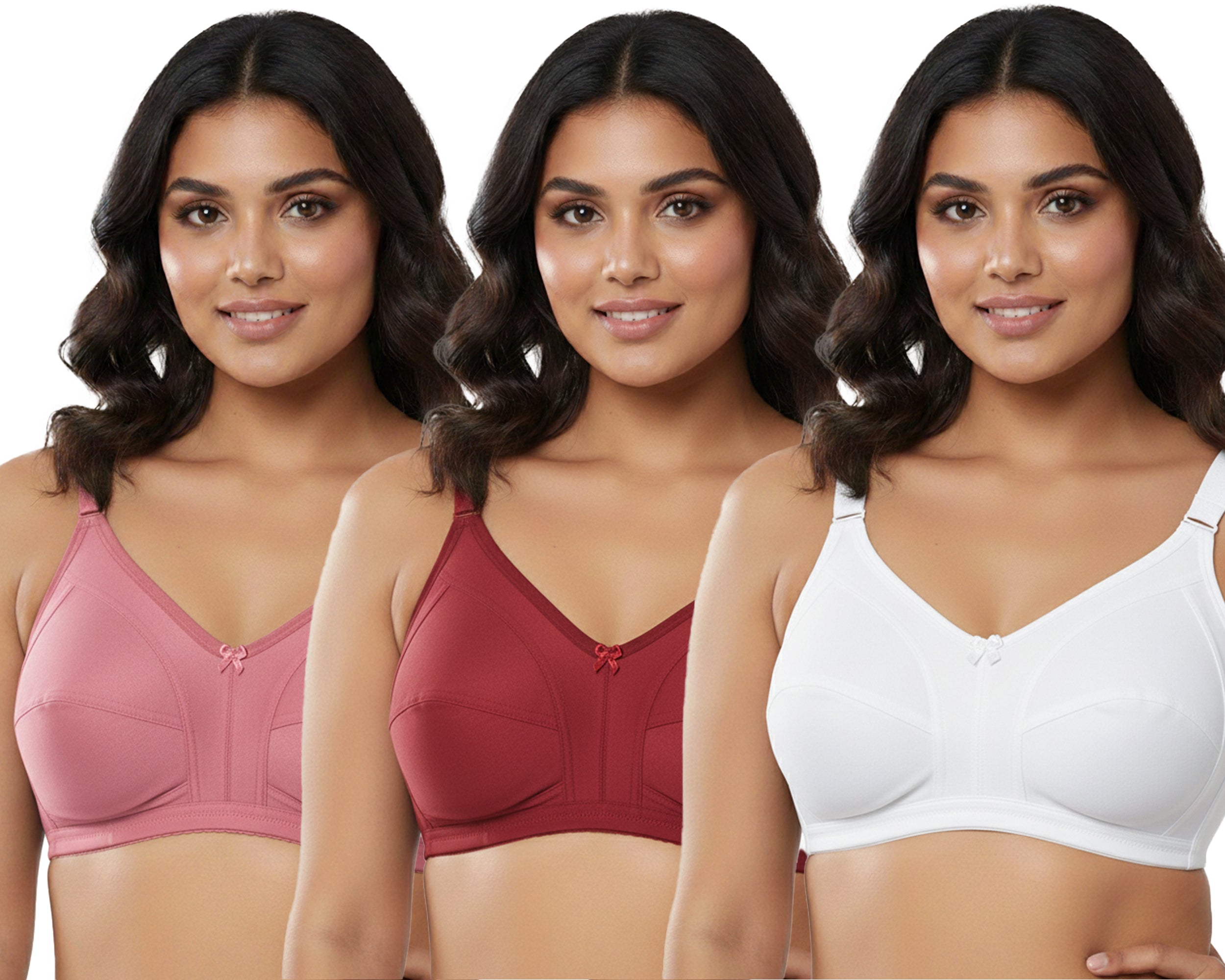 Pack Of 3 / Women's Seamed Regular Cotton Blend Solid Non Padded Soft Strap Plus Size Bra