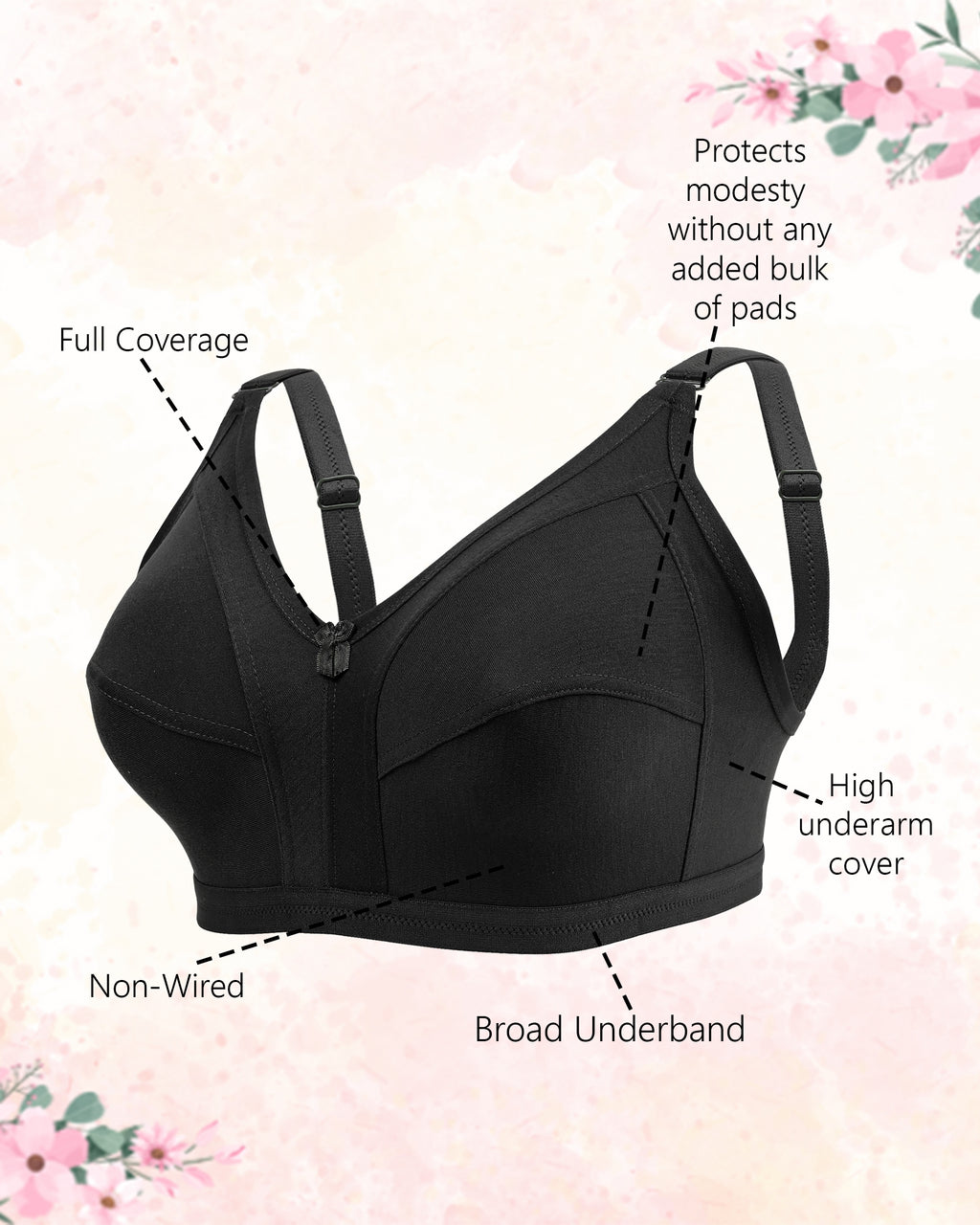 Black Women's Nylon Lace Wirefree Full Coverage Bra