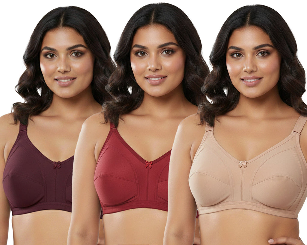 Pack Of 3 / Women's Seamed Regular Cotton Blend Solid Non Padded Soft Strap Plus Size Bra