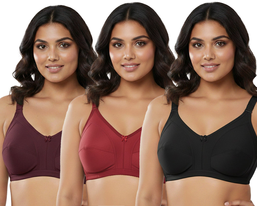 Pack Of 3 / Women's Seamed Regular Cotton Blend Solid Non Padded Soft Strap Plus Size Bra