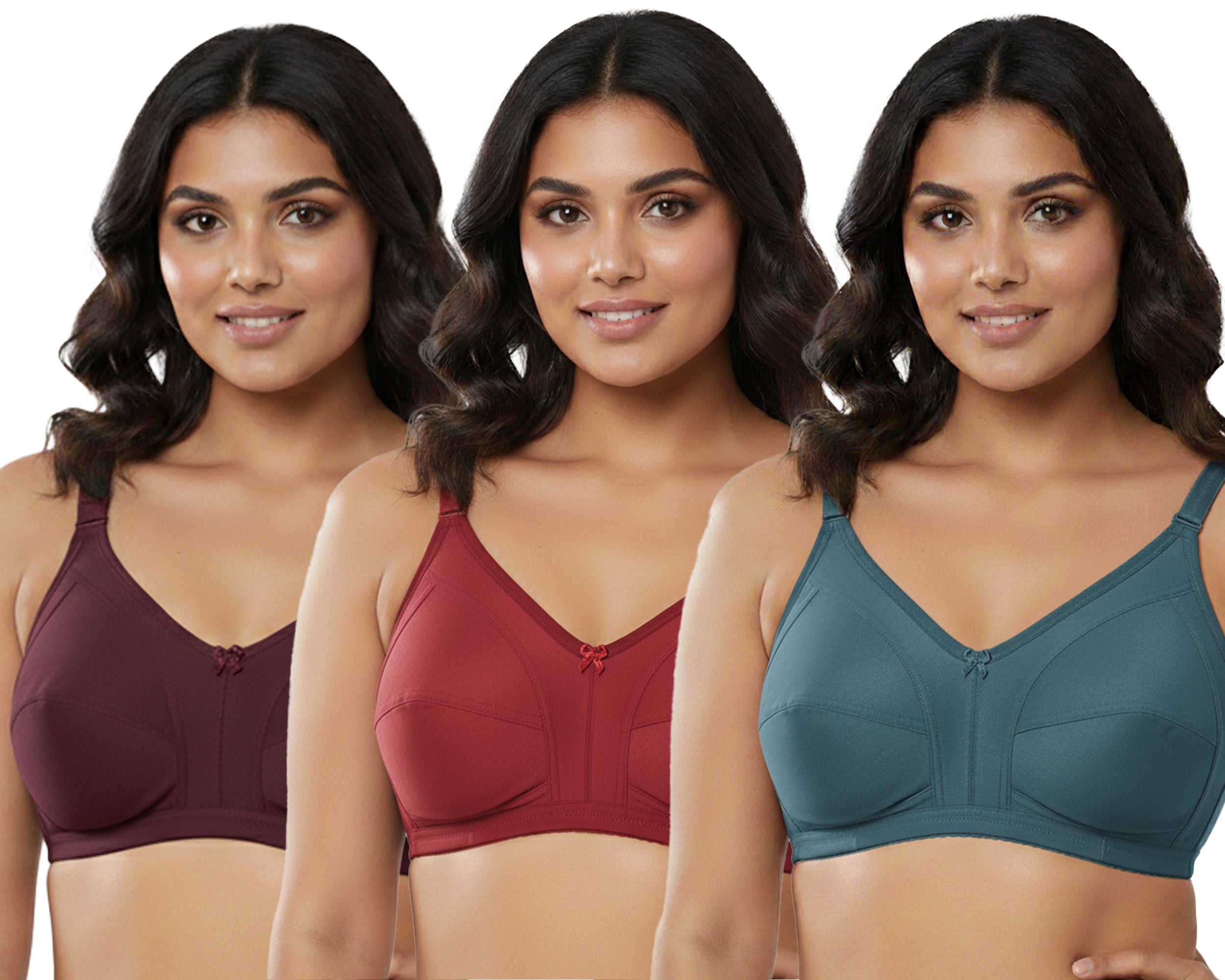 Pack Of 3 / Women's Seamed Regular Cotton Blend Solid Non Padded Soft Strap Plus Size Bra