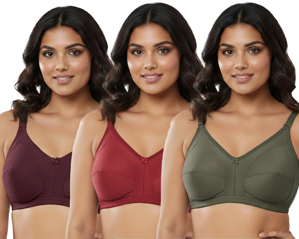 Pack Of 3 / Women's Seamed Regular Cotton Blend Solid Non Padded Soft Strap Plus Size Bra