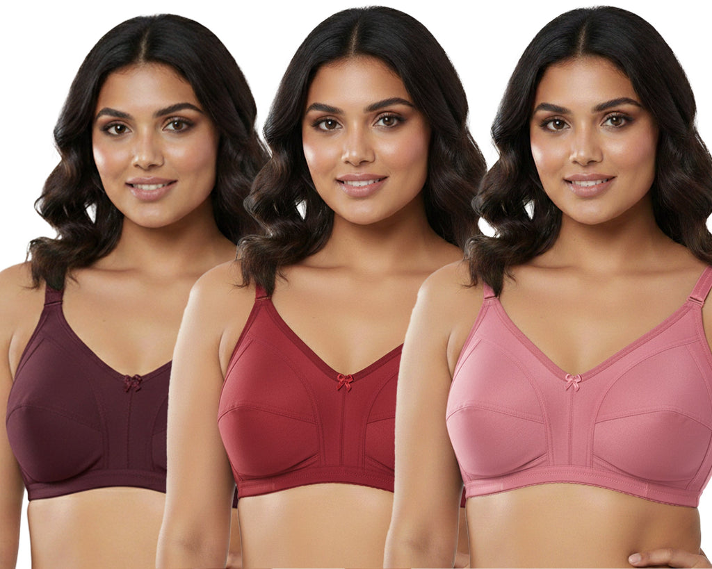 Pack Of 3 / Women's Seamed Regular Cotton Blend Solid Non Padded Soft Strap Plus Size Bra