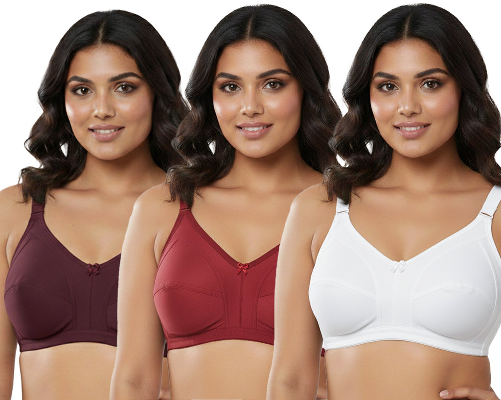 Pack Of 3 / Women's Seamed Regular Cotton Blend Solid Non Padded Soft Strap Plus Size Bra