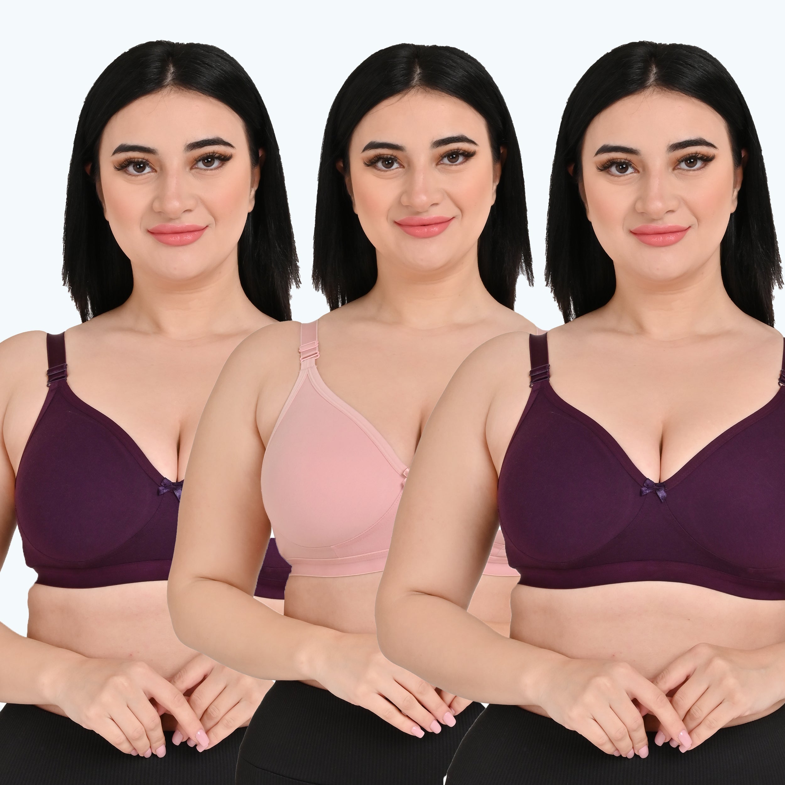 Pack Of 3 / Women's Seamless Regular Cotton Blend Solid Non Padded Soft Strap Plus Size Bra