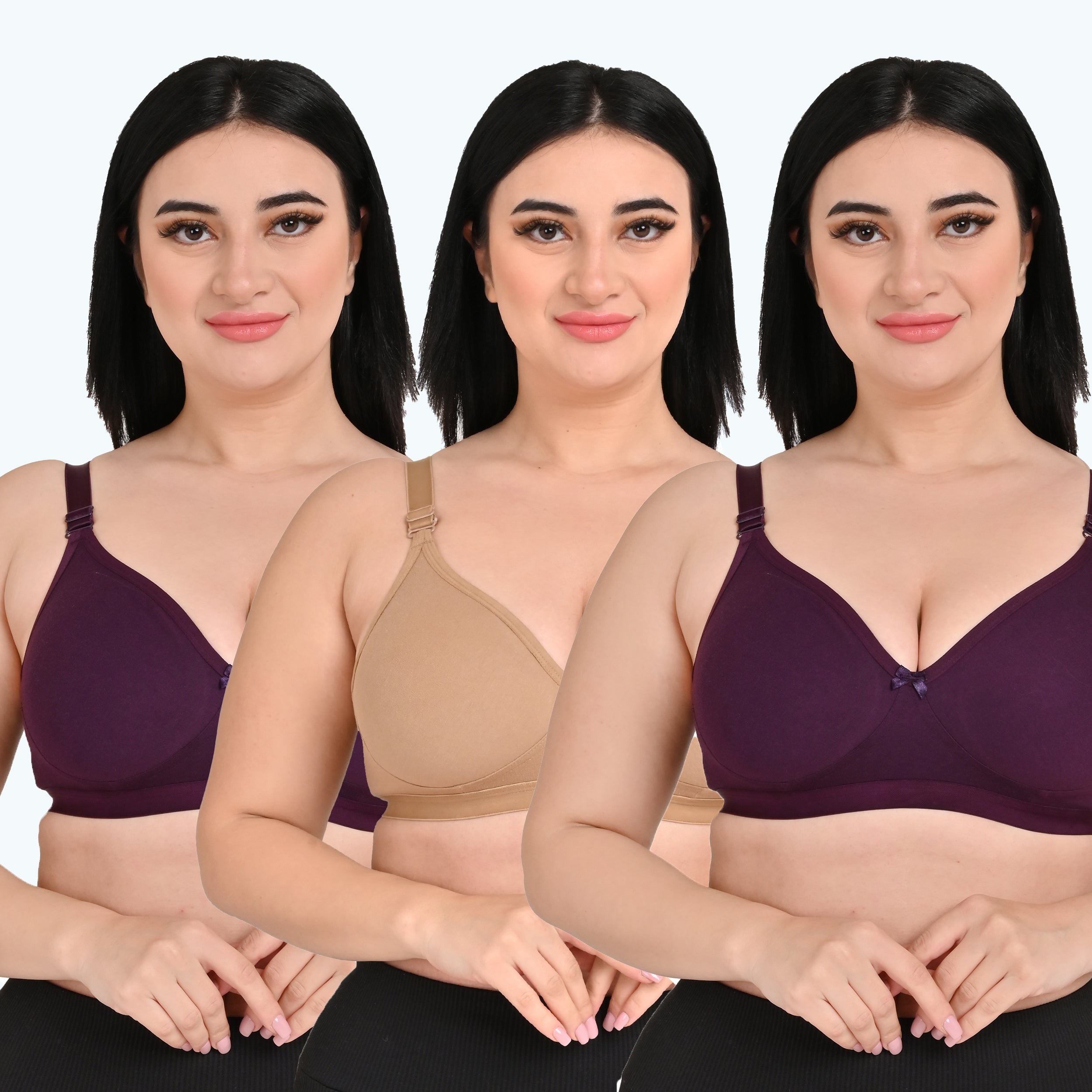 Pack Of 3 / Women's Seamless Regular Cotton Blend Solid Non Padded Soft Strap Plus Size Bra