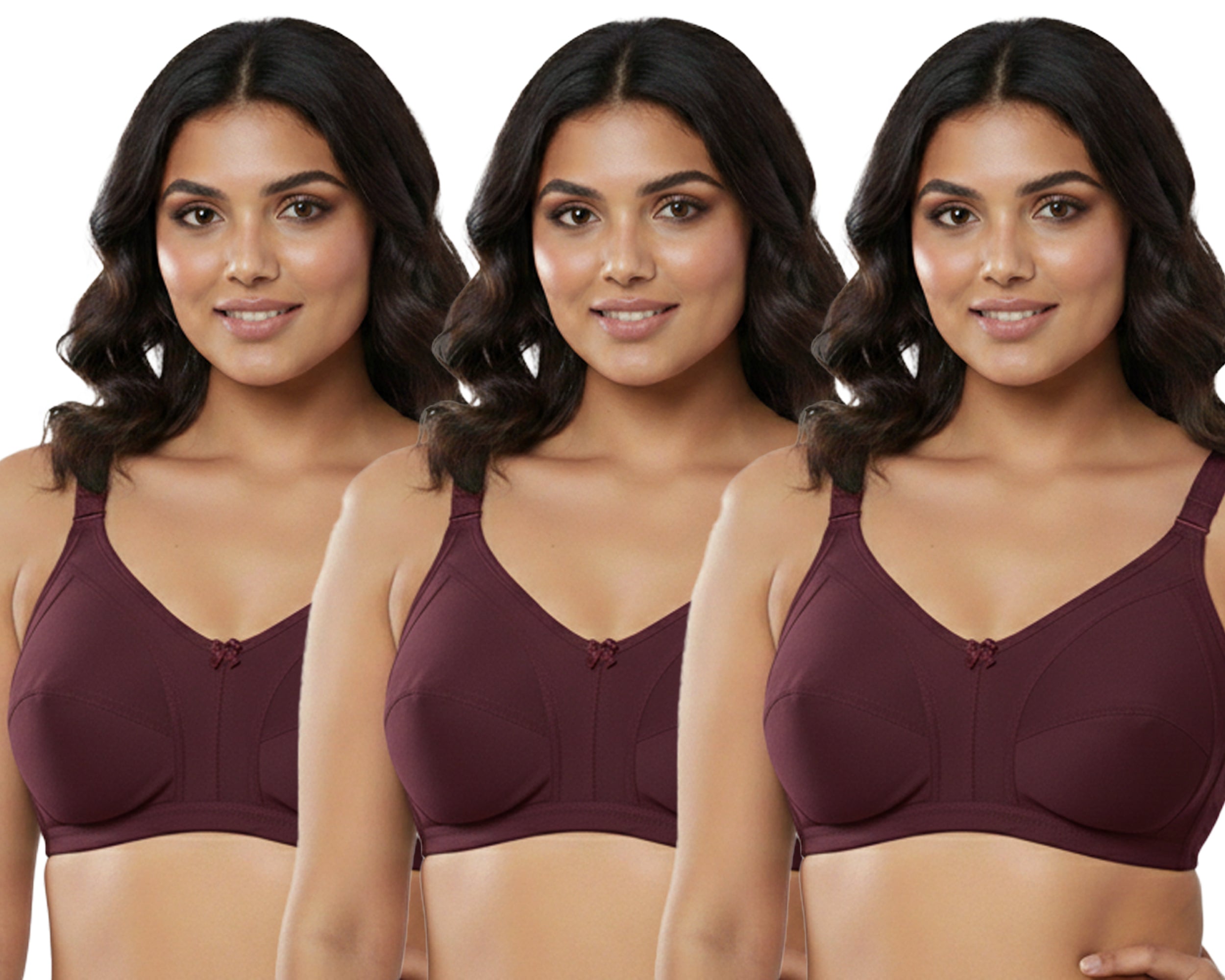 Pack Of 3 / Women's Seamed Regular Cotton Blend Solid Non Padded Soft Strap Plus Size Bra