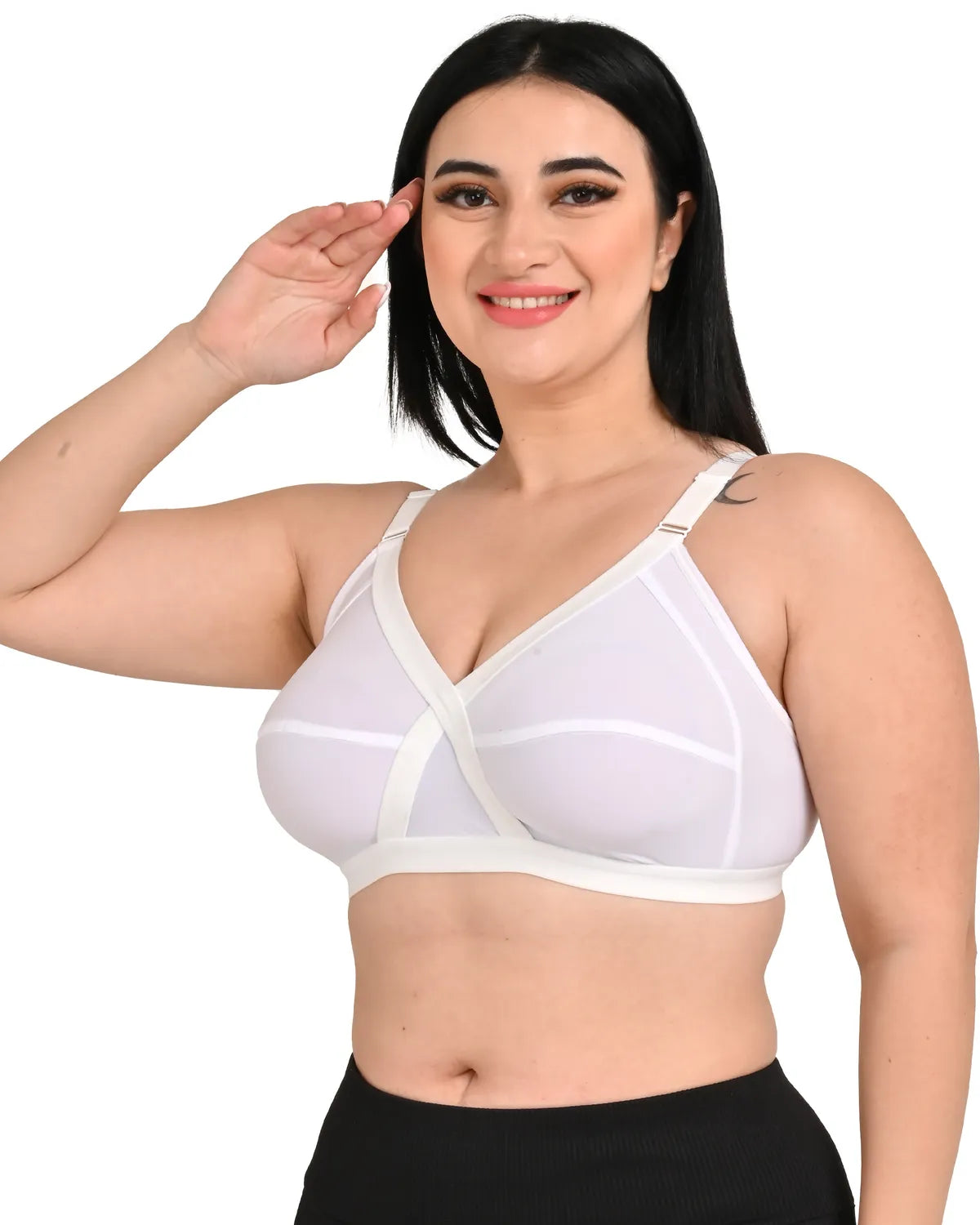 White Women's Cross-Elastic Bra | Fully Stretchable | Spandex Fabric 4 Way | Non-Padded | Non-Wired | Full Coverage